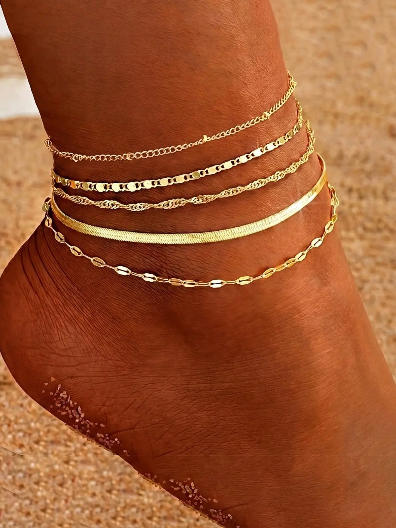 5pcs/Set Multilayer Gold Tone Anklet Set, Minimalist Luxury Design, Versatile For Beach Holiday, High-End Anklet Jewelry For Women