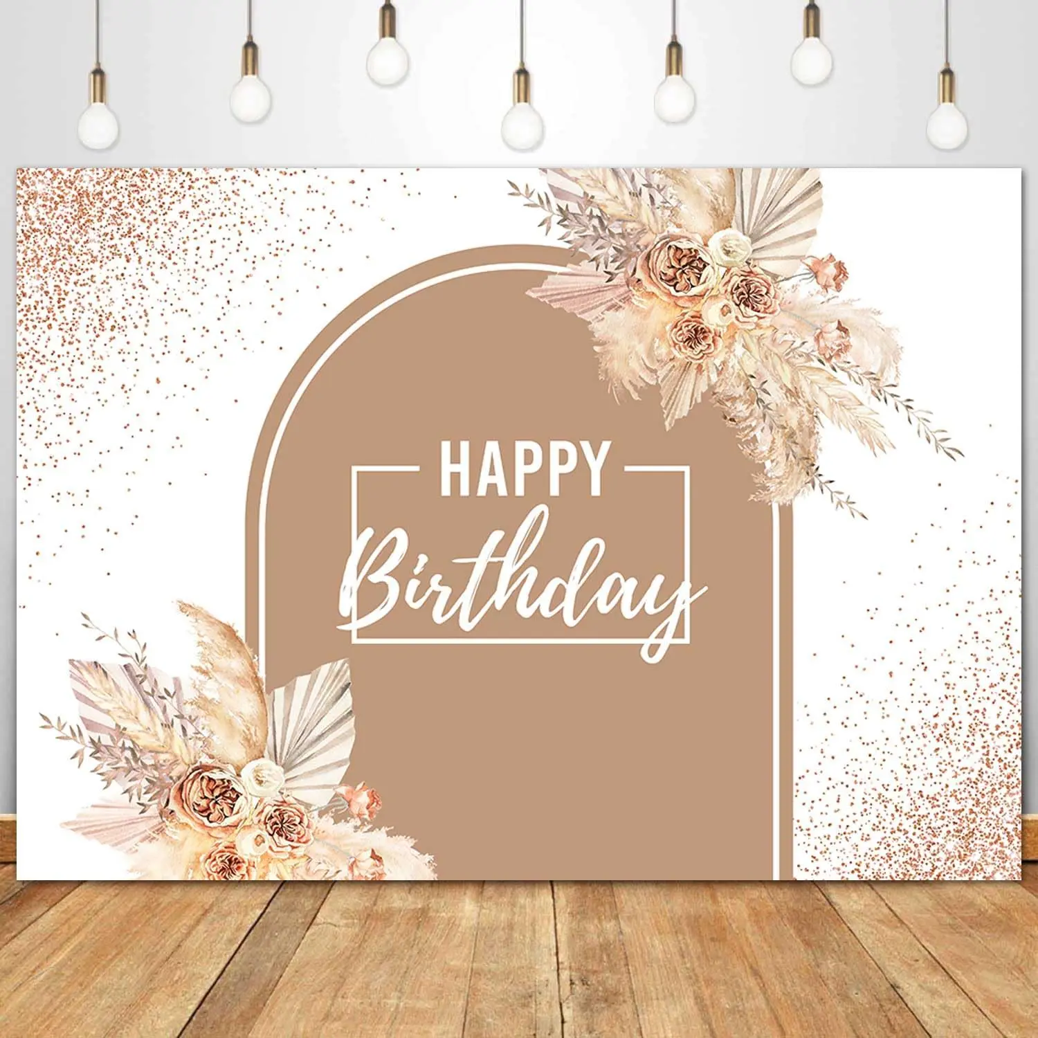 Boho Happy Birthday Backdrop  Rose  Glitter Dots Pampas Grass Floral Photography Background Women Girls Bohemian Arch Birthday Banner Party Decorations Photo Studio Props 7x5ft