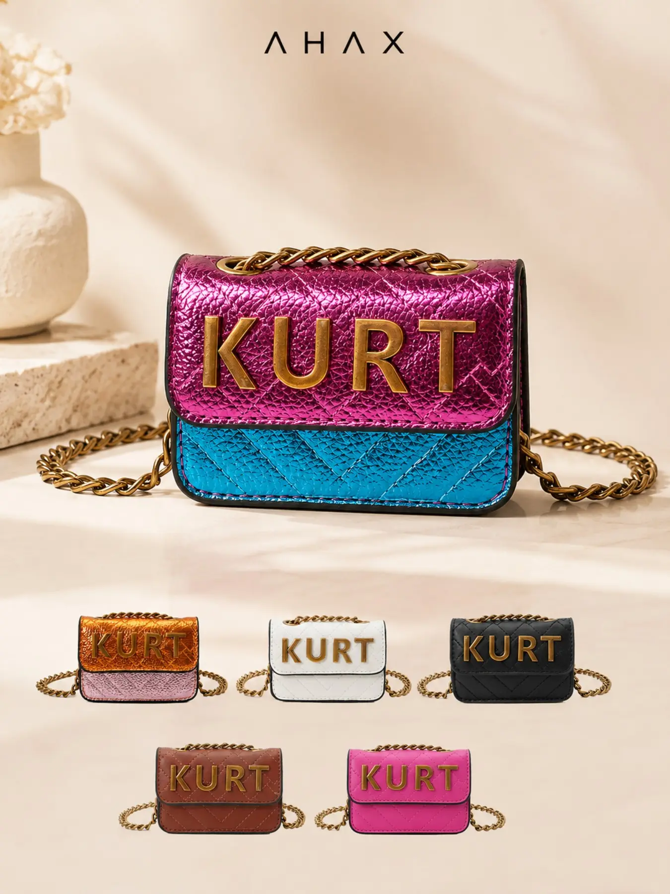 Ahax Y2K Sweet Cool Metal Rhombus Mini Chain Crossbody Bag, Letter Lipstick Earphone Bag, Women's Music Festival Party Shoulder Bag