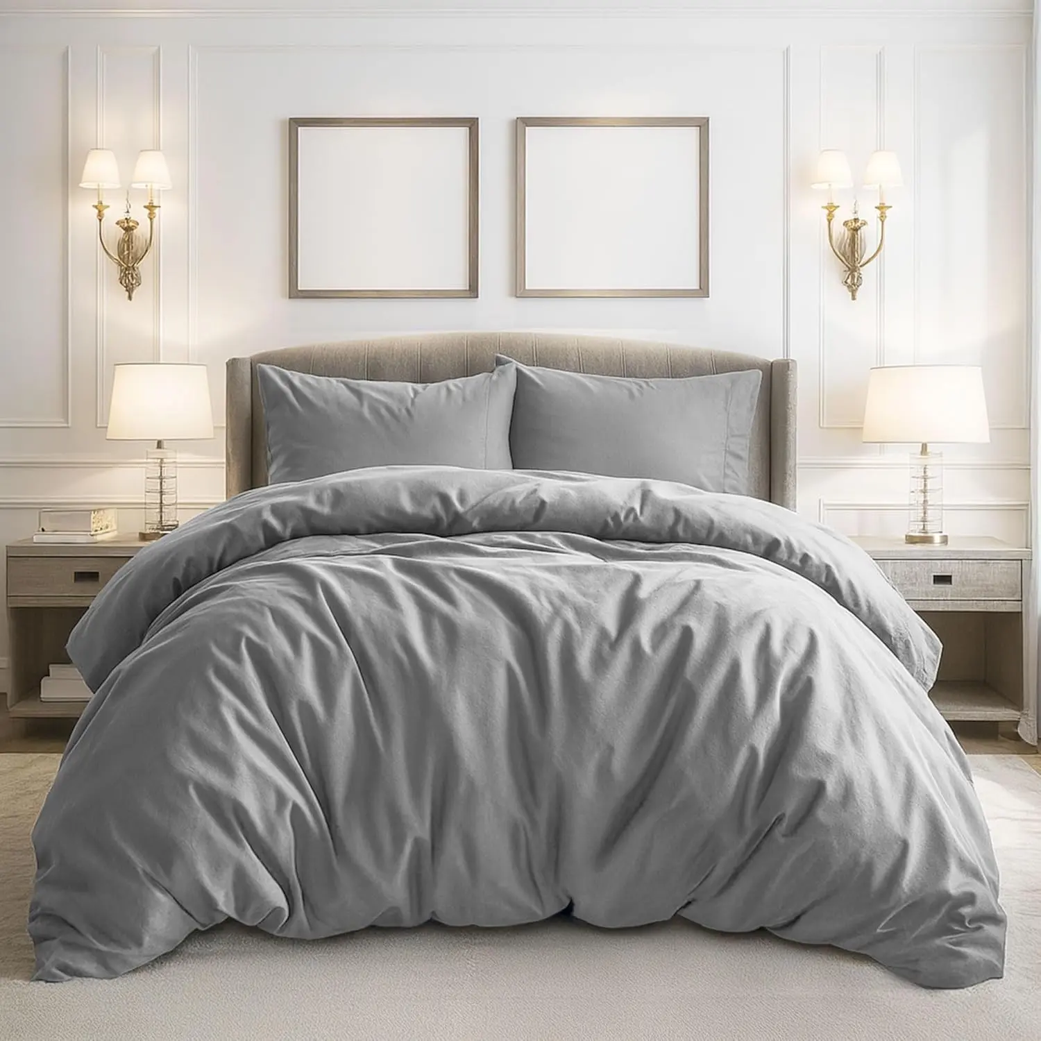 King Size Plain Bed Set - 3-Piece Extra Soft Simple Look Bedding, 104x90in Duvet Cover with Zip Closure, 2 Snug Fit Pillow Shams, Comforter Not Included, Light Grey