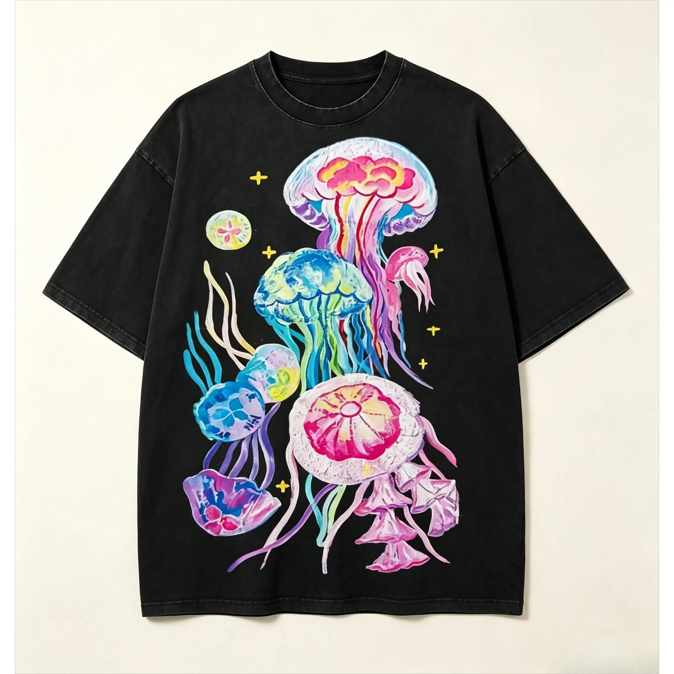 Women's Short-Sleeve Aesthetic Cotton T-Shirt - Colorful Jellyfish Ocean Graphic, Baggy Oversized Loose Casual Vintage Wash, Ideal Holiday Gift for Ocean Lovers
