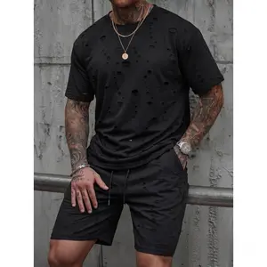 Men's Summer Casual Sportswear Set – New European-Sized Style featuring a Solid-Color, Trendy Distressed Short-Sleeve T-Shirt and Shorts.--cxy 8899