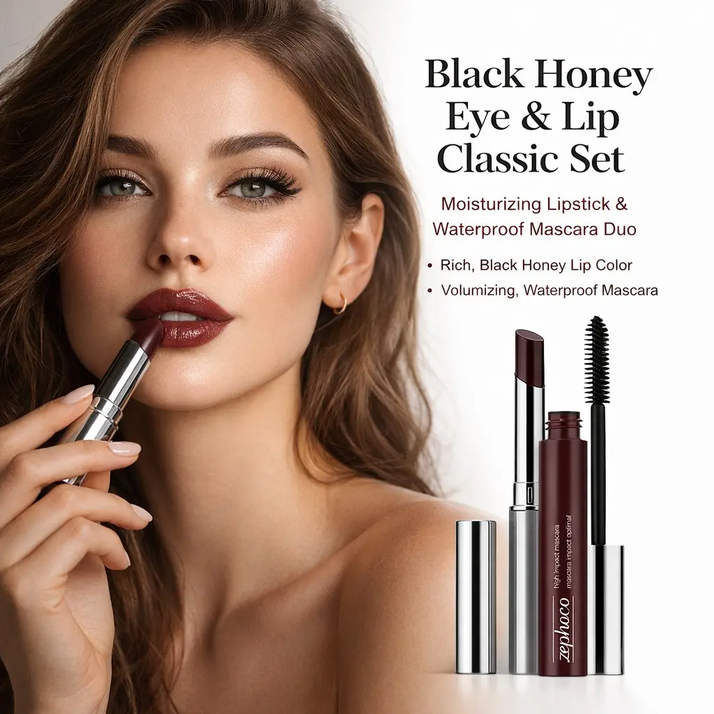 Black Honey Eye & Lip Beauty Set, Includes Black Mascara and Lip Balm. Glossy lip balm delivers moisturizing finish, mascara lifts lashes for curly look, practical daily cosmetic kit for makeup styling
