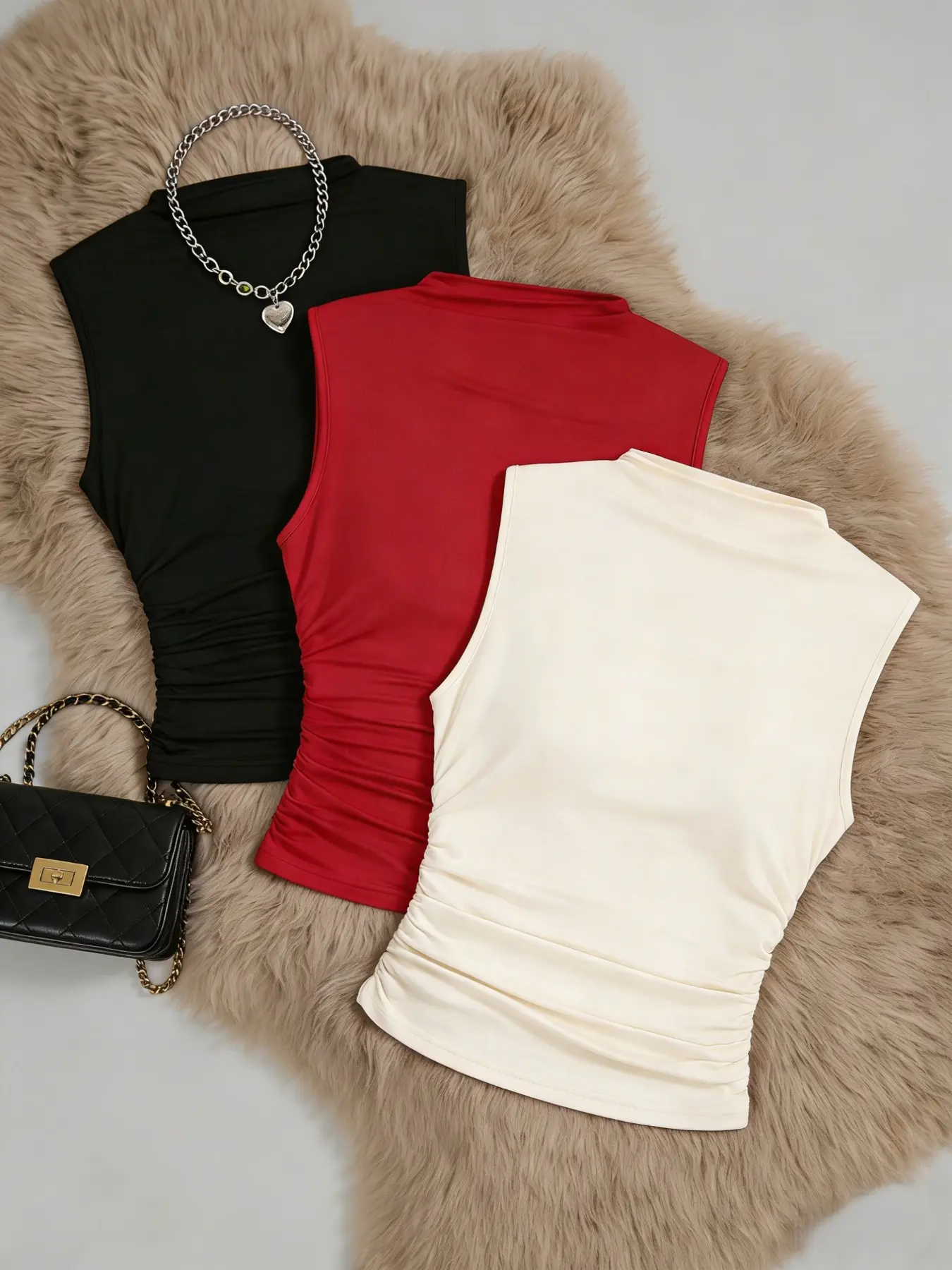 Fashion Half High Neck Sleeveless Pleated Short Vest Three-Piece Set, Women's Basic Casual Top, Stylish and Comfortable