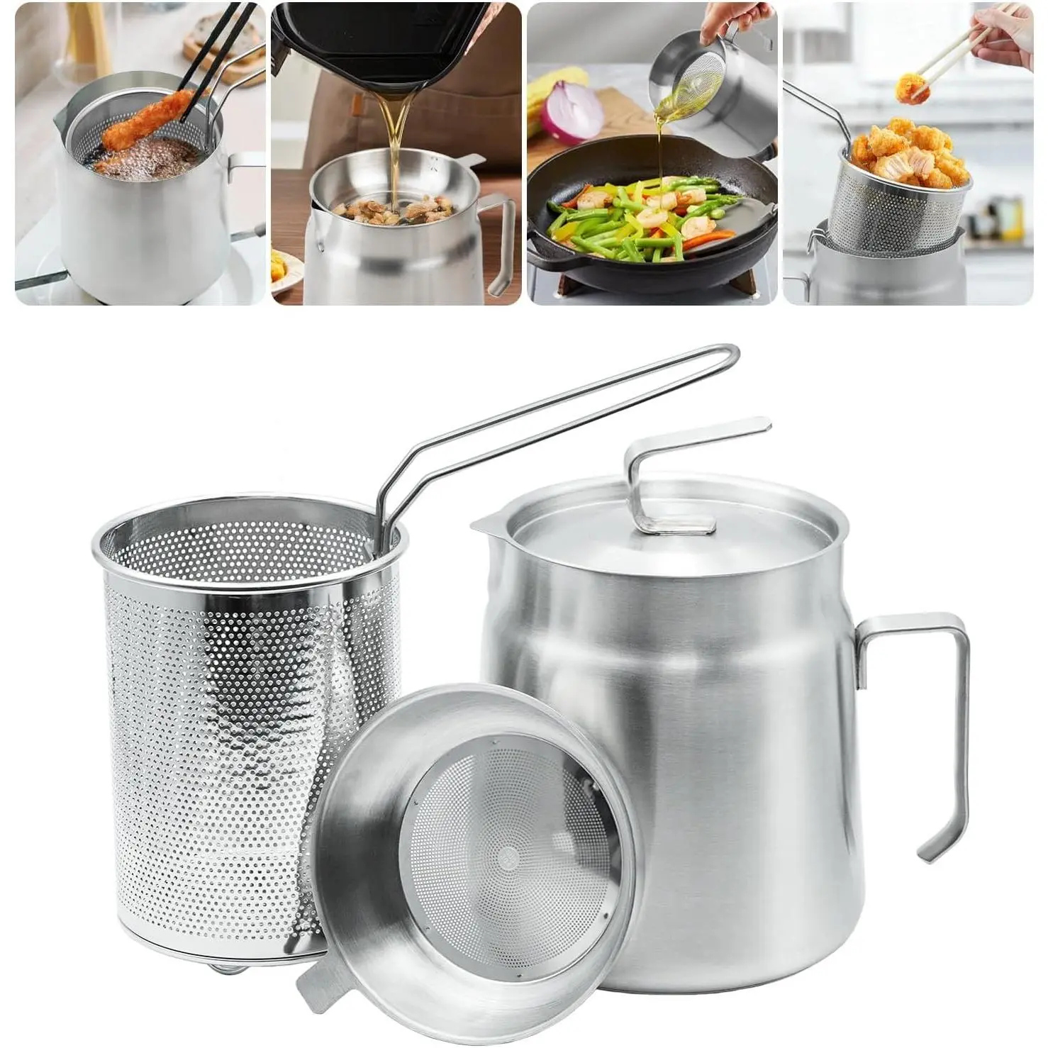 68oz Stainless Steel Oil Filter Pot with Deep Fryer Basket - Kitchen Large Capacity Versatile Oil Strainer Vessel and Bacon Grease Saver for Cooking Grease