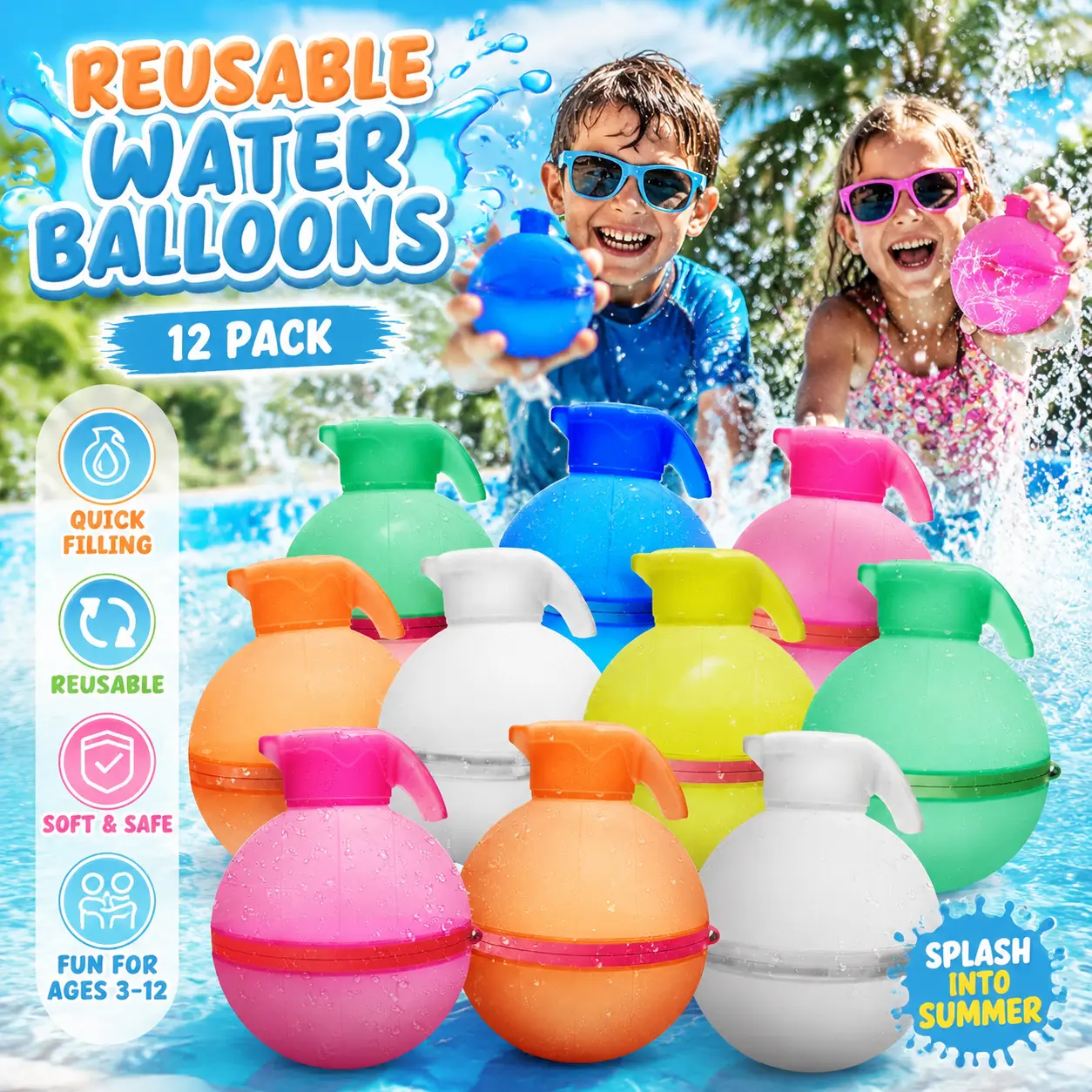 12 Pack Reusable Water Balloons for Kids, Quick Fill Self Sealing Water Bombs, Silicone Water Toys for Pool Beach Outdoor Summer Games, Fun Splash Toys for Boys Girls Ages 3-12, Party Favors Birthday Gifts