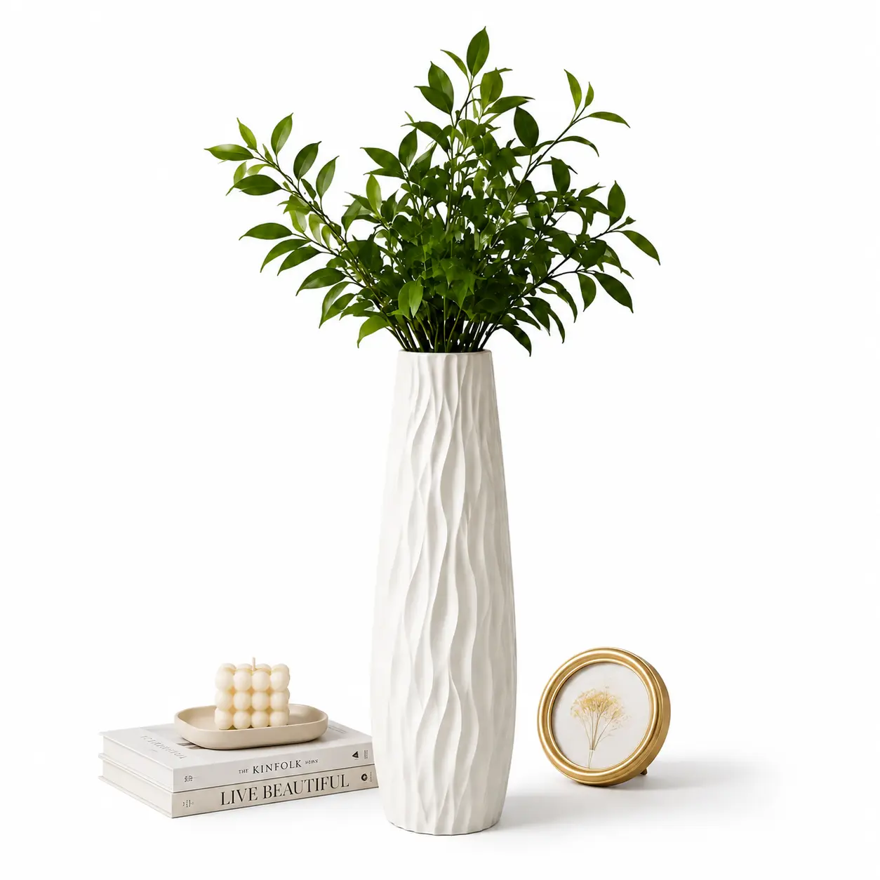 58cm White Plastic Wavy Textured Decorative Floor Vase, Minimalist Modern Tall Standing Vase for Dry Branches, Home Decor for Living Room & Entrance, Anti-Tip Base