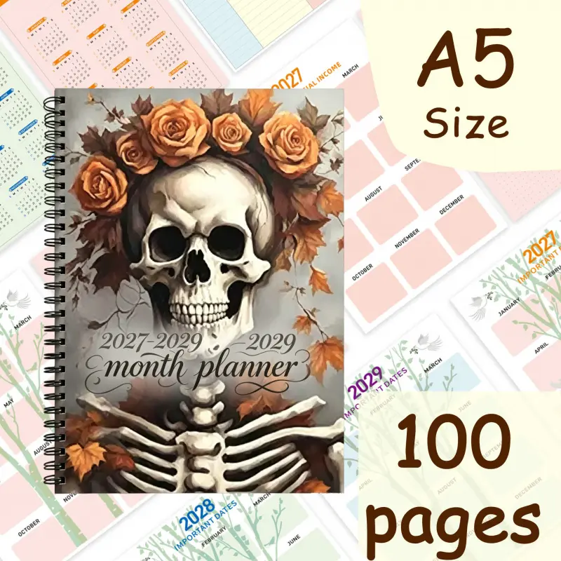 Retro Autumn-themed Skull Rose 2027-2029 Monthly Planner Notebook with High Appearance Line Loop Cover, Dark Artistic Style Daily Schedule and Note-taking Book, Includes Important Holiday Reminders