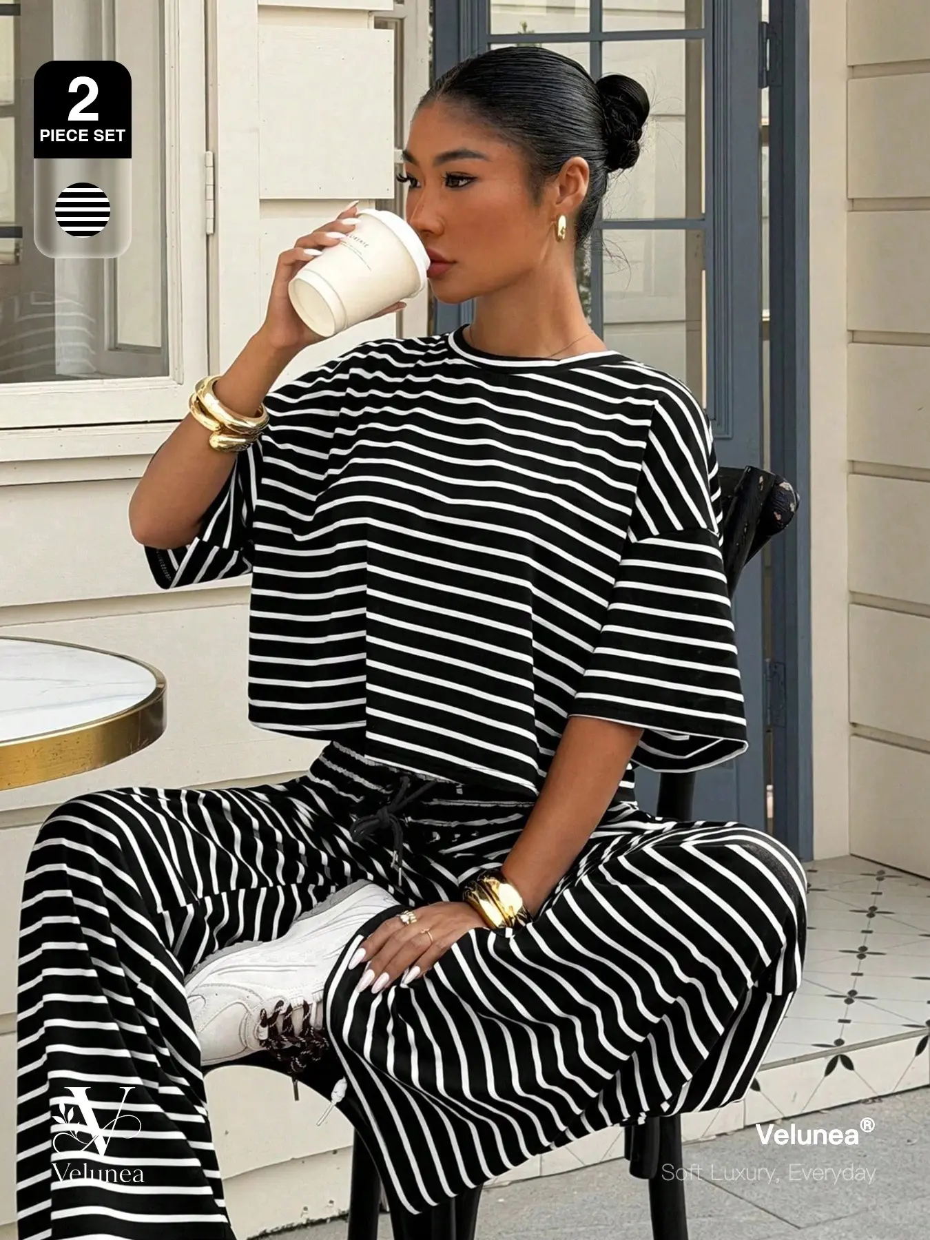 | 2-Piece Set | Velunea Women’s Striped Lounge Set, Fashion Clothing Set, Oversized Short Sleeve Top and Wide Leg Pants Matching Outfit, Soft Casual Co-Ord Set for Everyday Wear, Travel and Chic Street Style, Streetwear