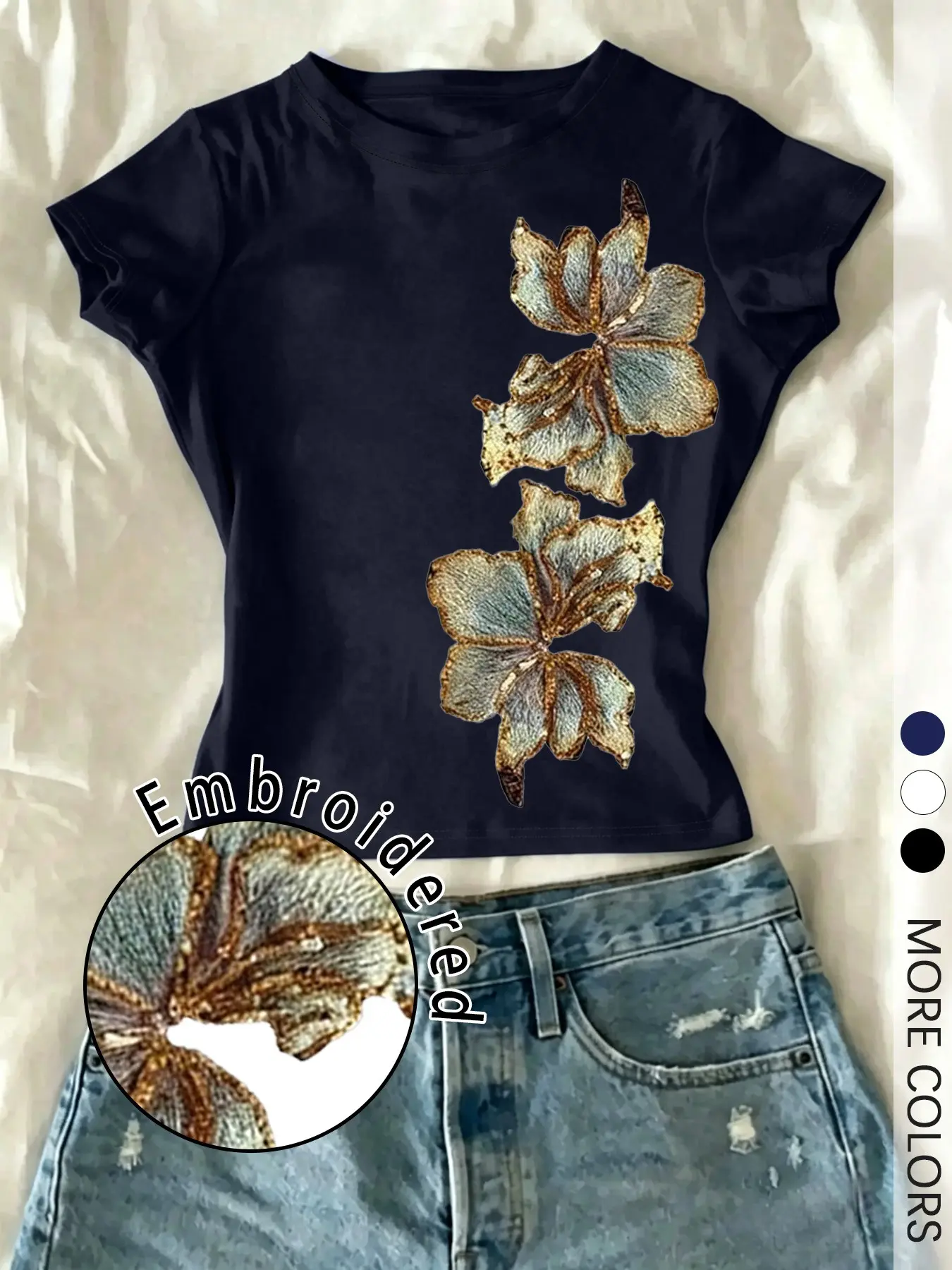 Women'sRegular Fit T-Shirt, Floral Embroidered Detail, Plant, Casual Style Top, For Daily Wear