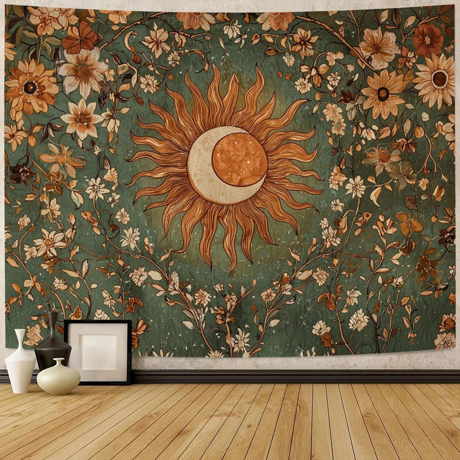 Boho Sun Moon Cloth Tapestry Wall Hanging - Smooth, Lightweight Vintage Floral Aesthetic Decor with Crescent Moon & Sunburst Print, Earthy Cottagecore Room Decoration for Living Room, Hippie Home Supplies, Aesthetic Room Decor