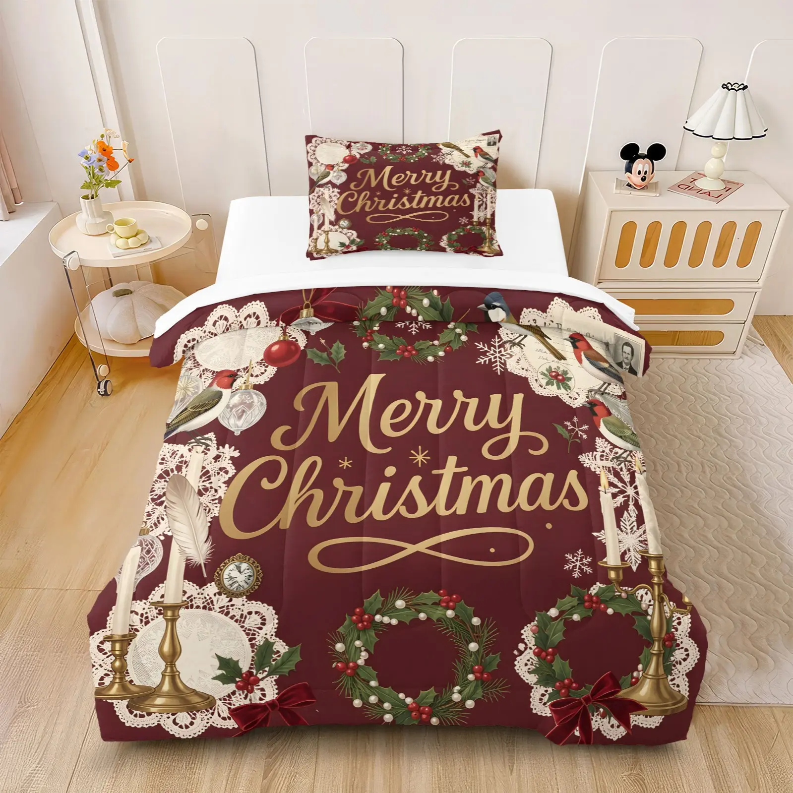2/3Pcs Vintage Christmas Comforter Set, Holly Bell Snowflake Angel All Over Print, Soft Cozy Winter Quilt With Filling No Pillow Insert
