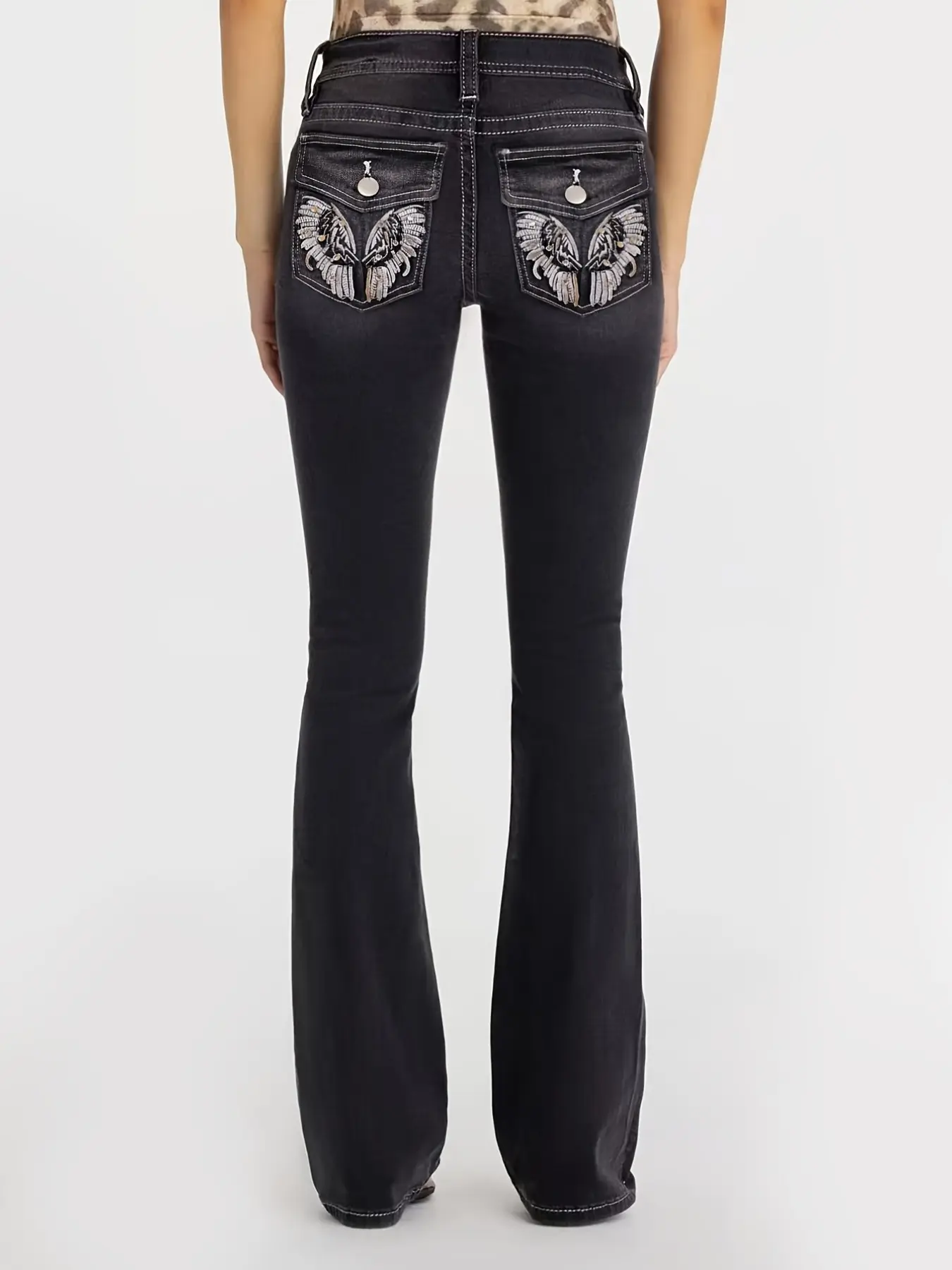 Low Rise Distressed Micro Flare Fit Jeans for Women, Silver Color Wing Embroidery, Fashionable Western Retro Style, Versatile Long Pants, Streetwear Bottoms