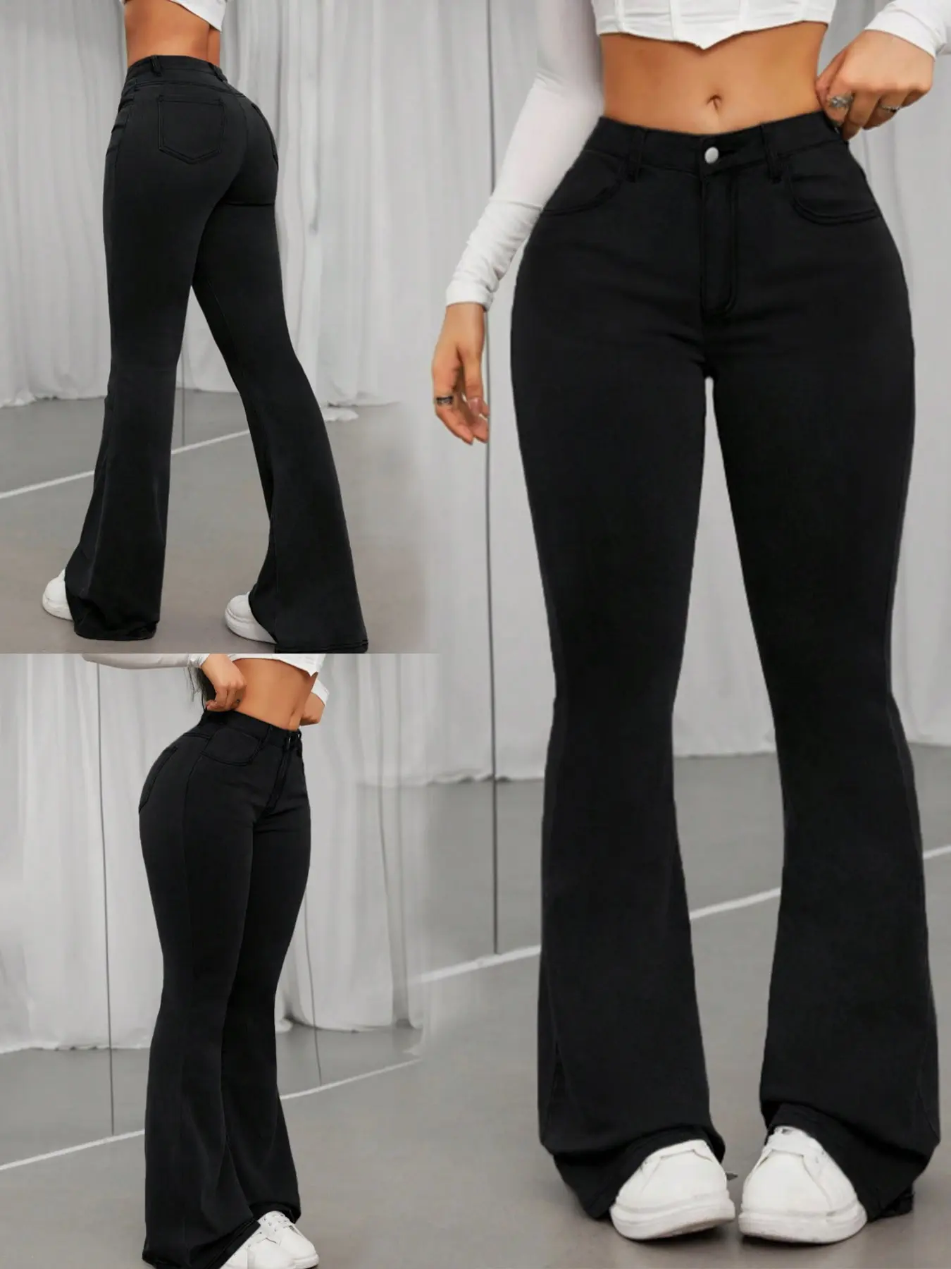 Women's Super High Waisted Flare Trousers, Slim-Fitting Elegant Pants for All Seasons, Stylish Plain Design for Modern Women