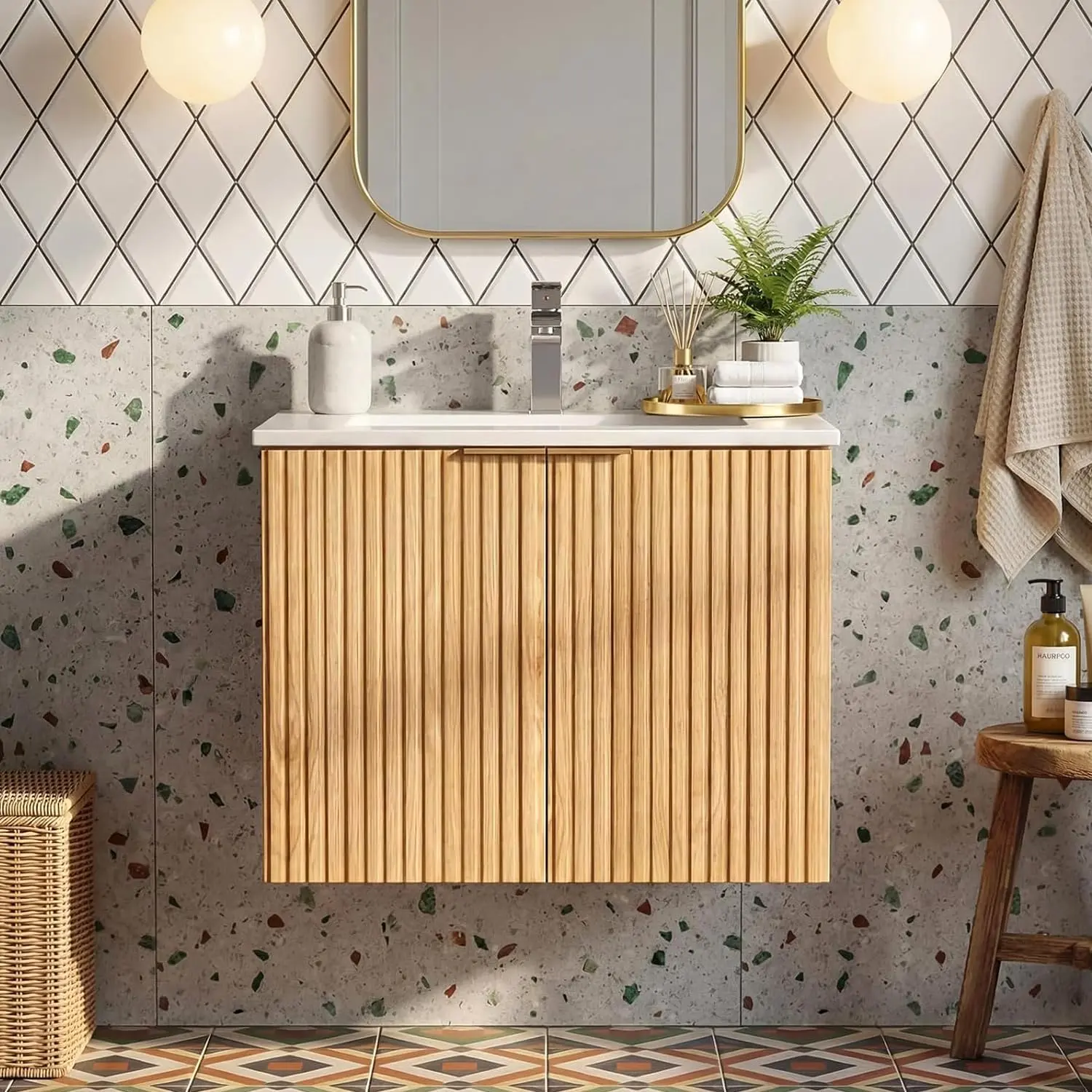 24 Inch Bathroom Vanity with Sink, Wall Mounted Floating Cabinet with Ceramic Basin, Waterproof Engineered Wood for Powder Room & Small Bathroom
