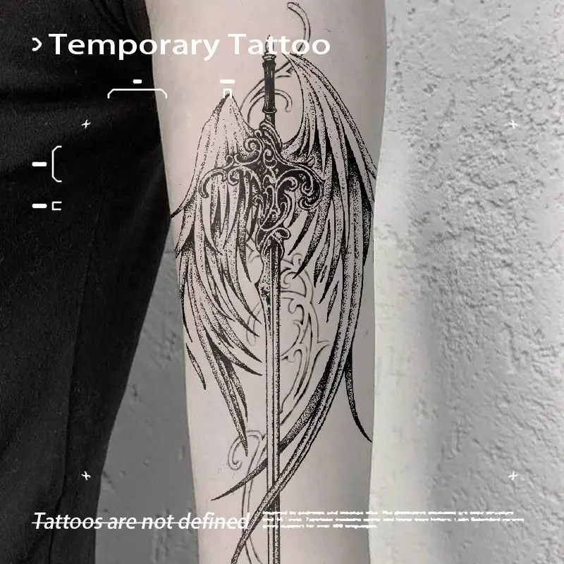 Stippling Vintage Wing Sword Herbal Juice Semi Permanent Tattoo Sticker Waterproof Long Lasting Fake Body Tattoo Unisex Forearm Gothic Medieval Body Art Decal Temporary Tattoo Stickers