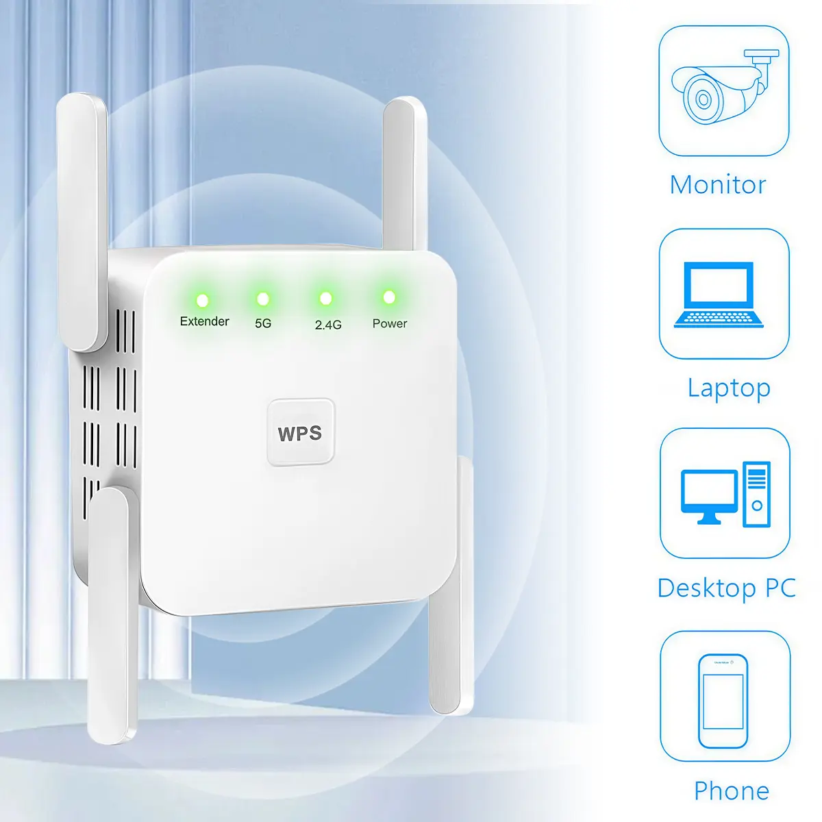AC1200 Dual Band WiFi Extender with Ethernet Port Booster, 4 High-Gain Antennas for Strong Wall-Penetrating Signal, Whole House WiFi Coverage, Connects 100 Devices, Ideal for Home Apartment Office Gaming & Streaming