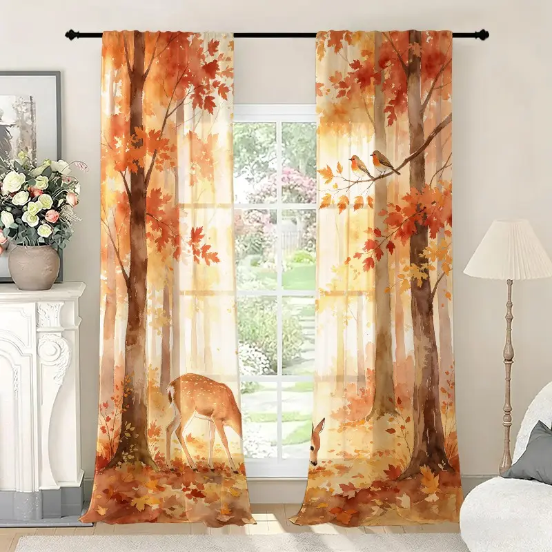 2 pieces of autumn watercolor deer printed curtains, made of polyester and machine washable, Window Drapes suitable for bedroom, living room and kitchen decoration, as well as a holiday gift, for apartment balcony curtains.