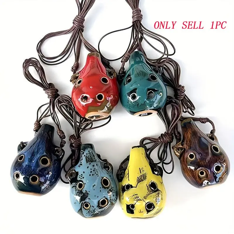 A Six-Hole Ceramic Ocarina - Vintage Style Six-Hole Mini Ocarina, Portable Mini Musical Wind Instrument with Adjustable Lanyard, Available in Purple/Red/Green/Blue/Yellow, Ideal for Music Lovers and Beginners, Musical Instruments