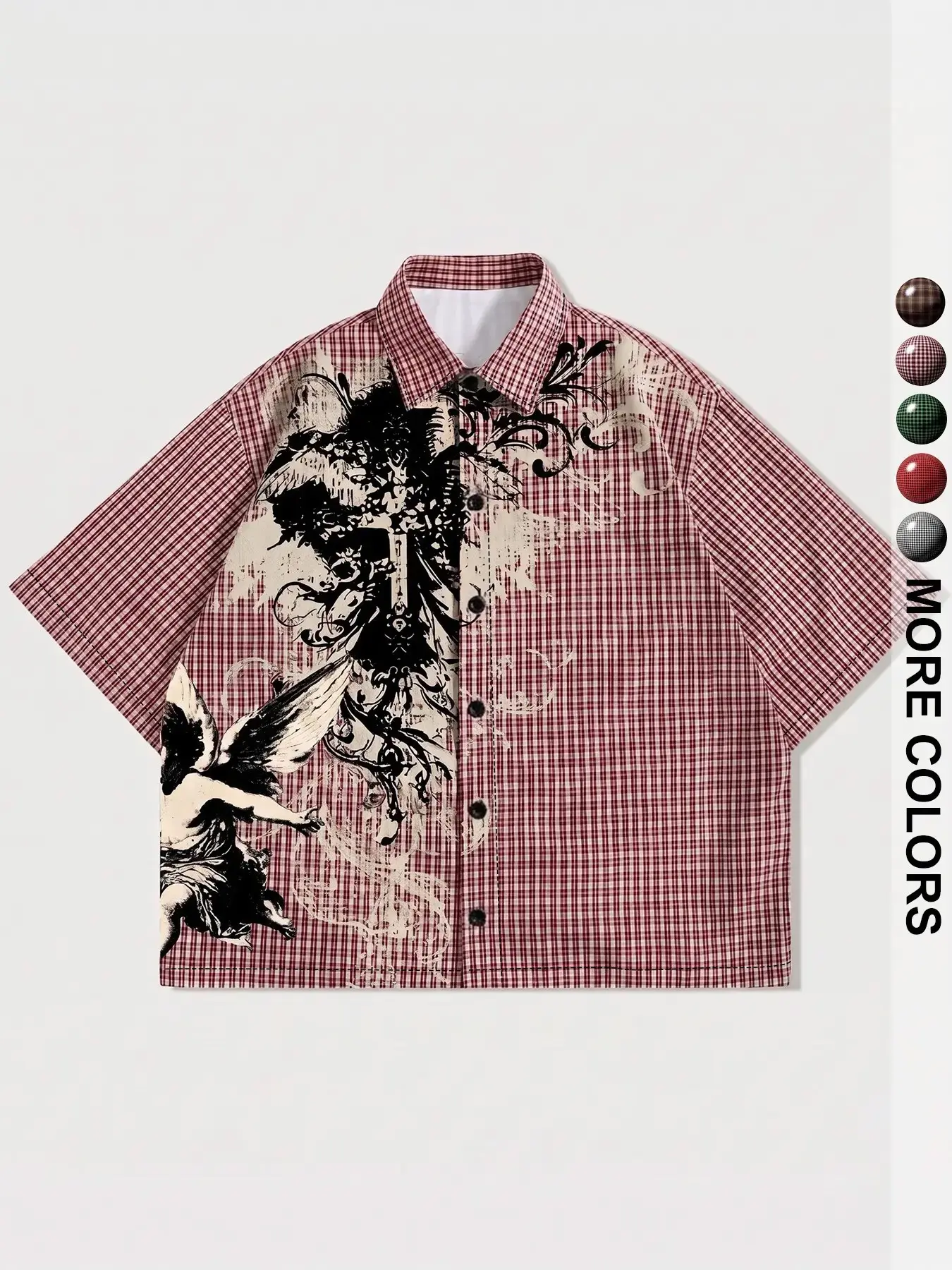 Y2K Cropped Checkered Short Sleeve Shirt, Casual Trendy Shirt, Retro Gothic Angel Cross Graphic Collared Button Top, Streetwear Casual Summer Apparel For Men & Women