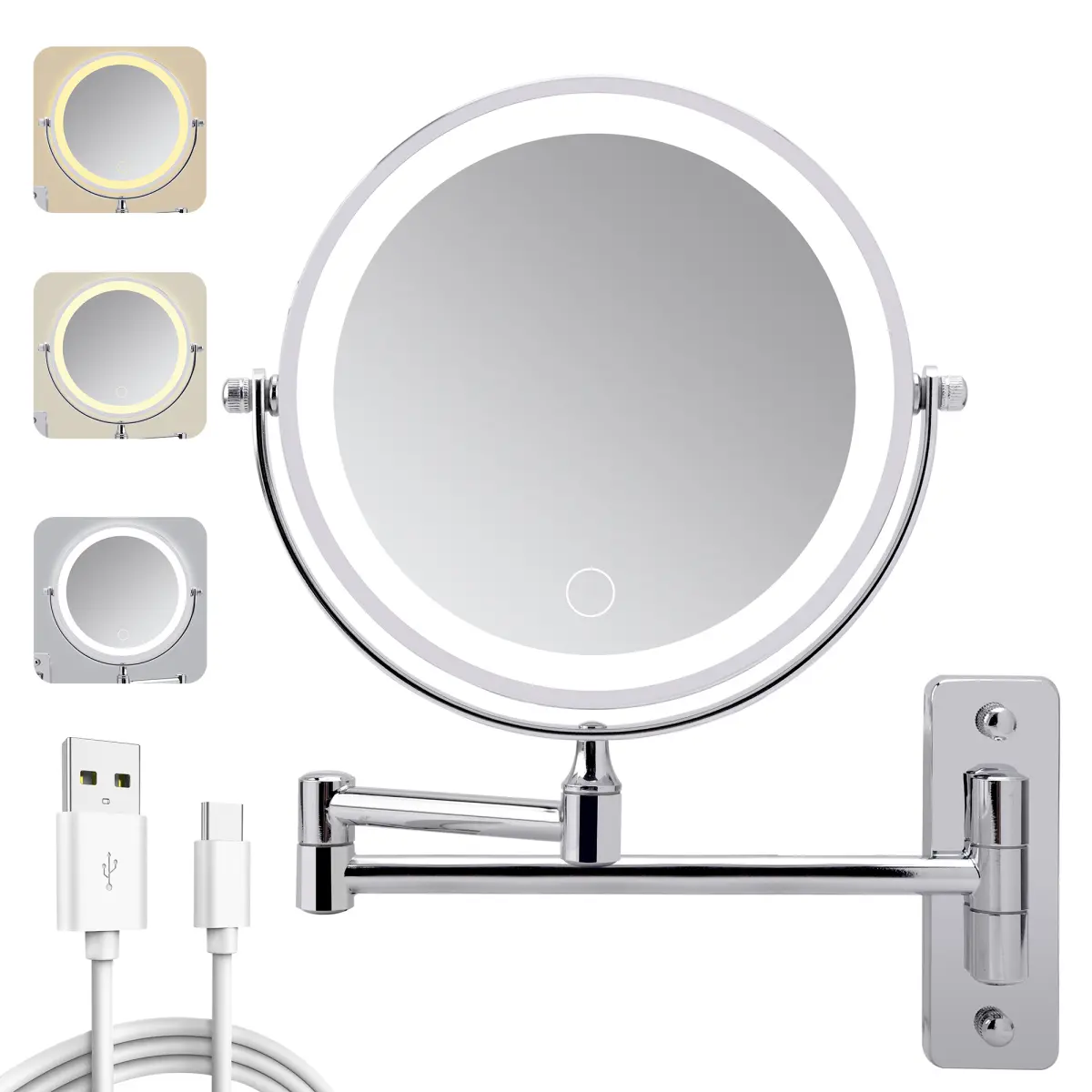8 Inch Rechargeable Wall Mounted Makeup Mirror, Chrome Iron 1X/10X Double Sided Magnifying Vanity Mirror, 3 Color Touch Dimmable LED Light, 360° Swivel Extendable Arm Space Saving Bathroom Beauty Mirror