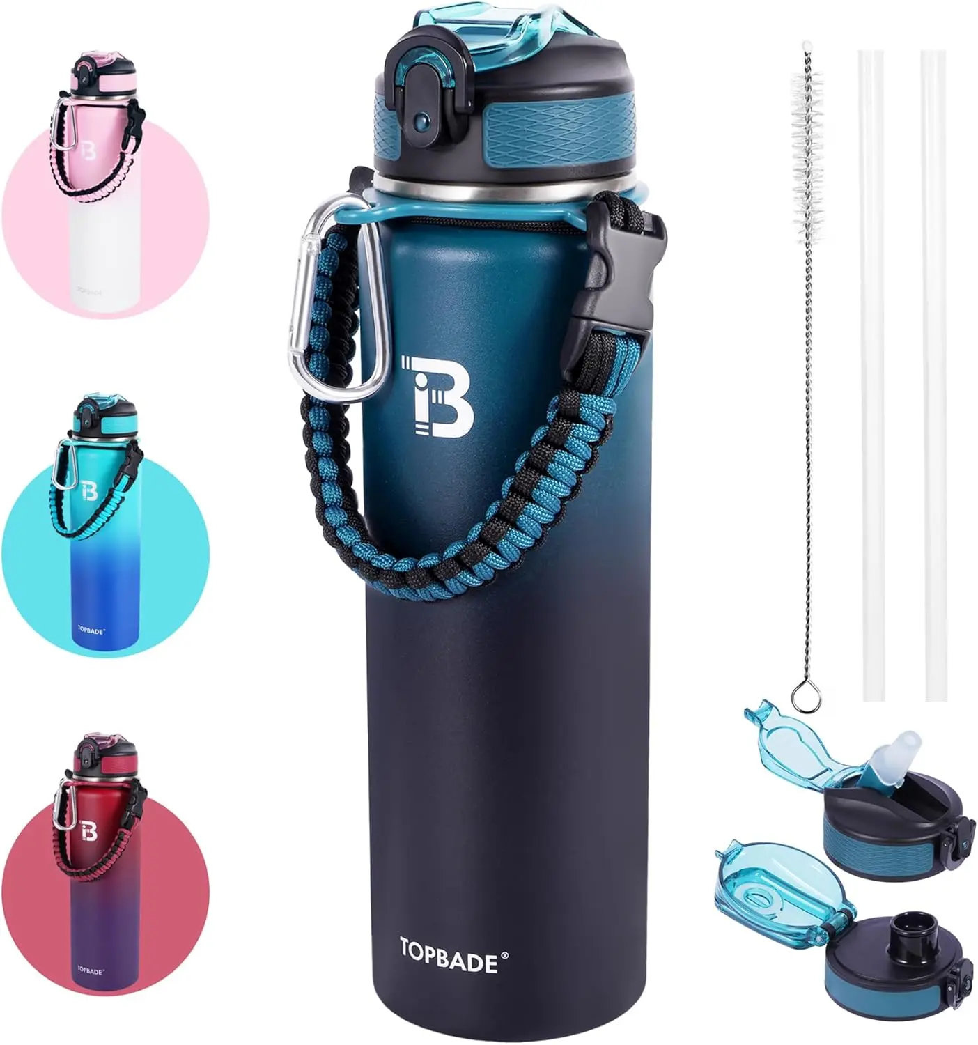 32oz Insulated Water Bottle for Women & Men, Double Wall Stainless Steel with Wide Mouth, 2 Lids (Straw & Spout) & Paracord Handle for Gym, Fitness Enthusiasts, With-Straw, Unisex, Includes Straw