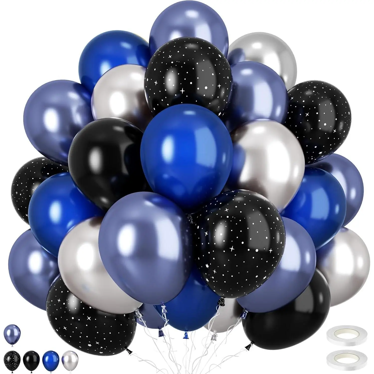 Galaxy Space Balloons, 12 Inch Navy Blue and Black Party Balloons with Metal Blue Silver Balloon Star Printed Balloon for Boy Girl Outer Space Themed Birthday Party Shower Graduation Decorations