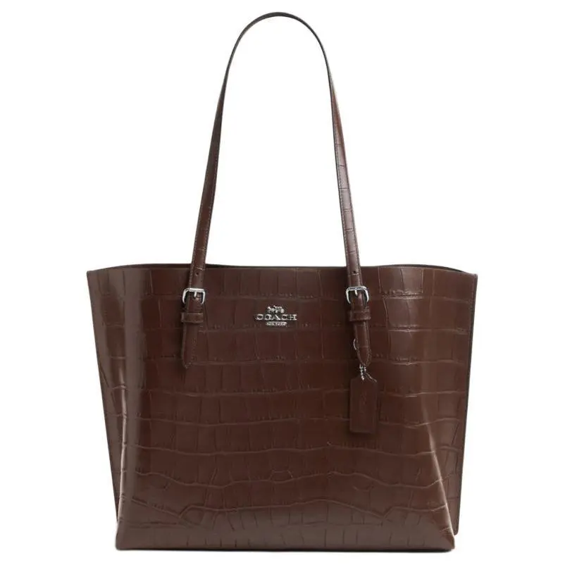 COACH Mollie Leather Tote Bag for Women – Silver Hardware, Medium Size, Maple Color