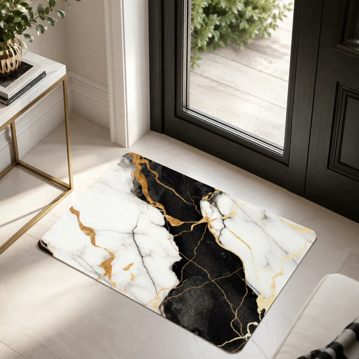 Luxury Marble Texture Area Rug, Black White Gold Diatomite Absorbent Non-Slip Floor Mat, Modern Minimalist Quick Dry Doormat for Entryway Bathroom Office Home Decor
