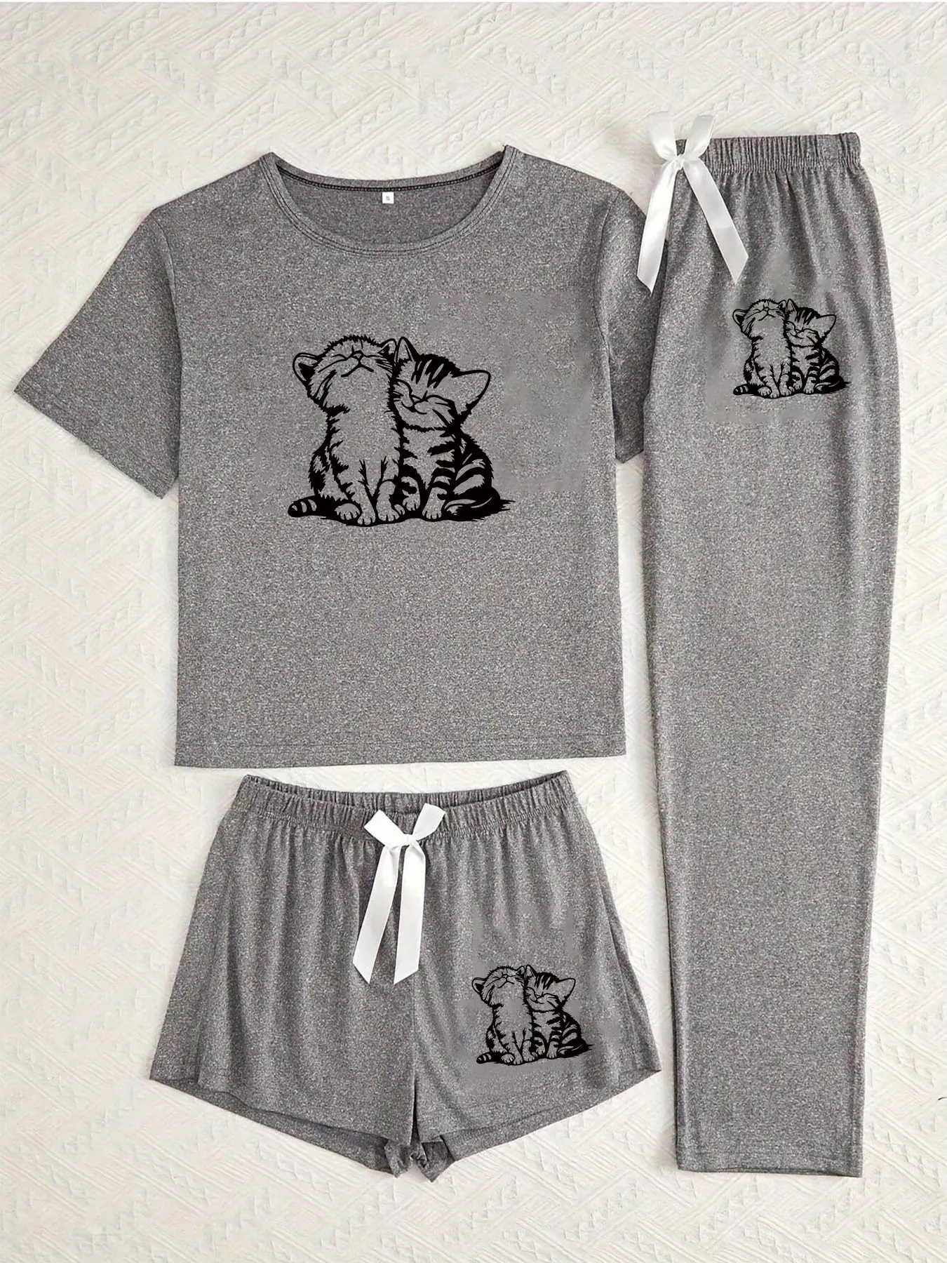 Three-Piece Pajama Set for Women, Cartoon Two Cats Print, Casual Loose-Fitting Sleepwear Loungewear, All Seasons Comfortable Nightwear