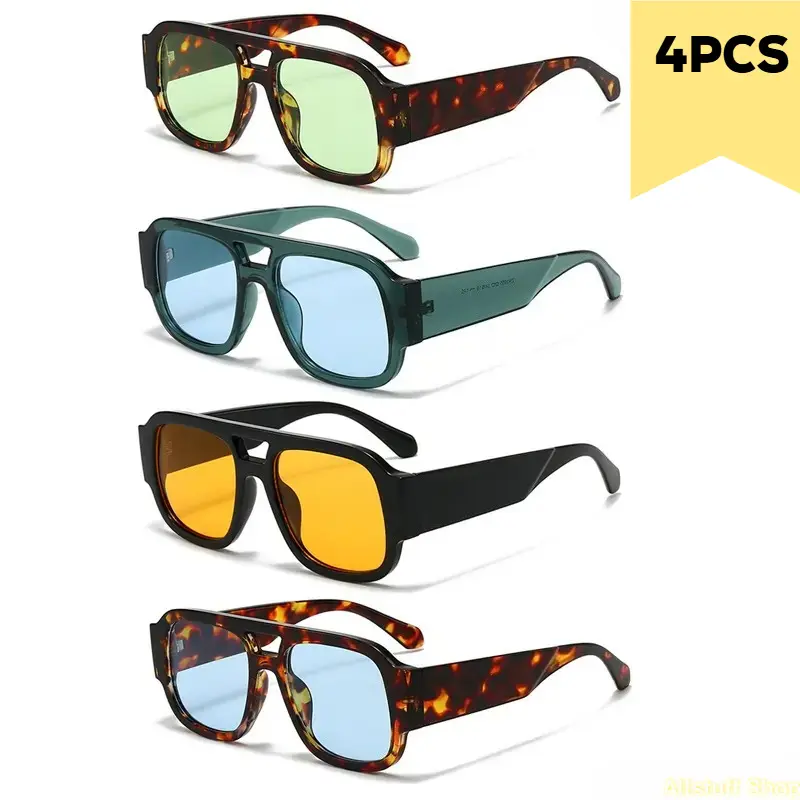 Unisex Plastic Square Frame Double-Bridge Sunglasses - 1/4 Sets Large Candy Color Trendy Shades, Lightweight Sunshade Non-Prescription Glasses for Outdoor Sports, Gifts for Him, Accessories Adults