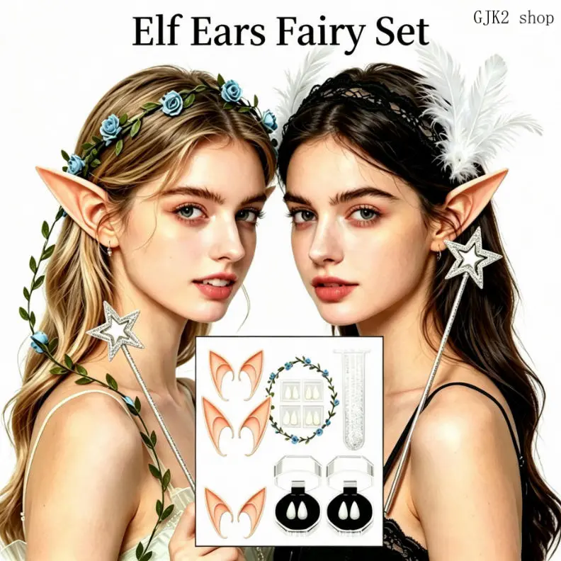 Vintage Leaf Elf Crown + Silicone Elf Ears + Butterfly Magic Wand Full Cosplay Kit