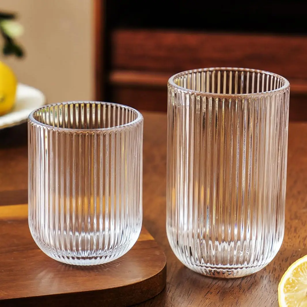 Ribbed Drinking Glasses 8pcs, Rocks Drinking Glasses 12oz and 10oz, Tumbler Glasses Cup Set for Wedding, Party, Christmas Gift, Clear
