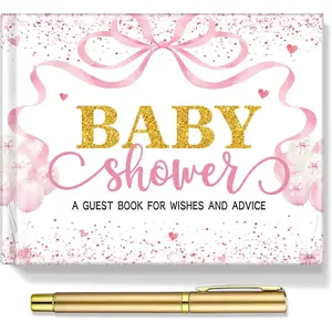 27 Pcs Bow Baby Shower Sign in Guest Book Reception with Sonogram Page Keepsake Includes Gold Pen Table Card and Adhesive Photo Corner for Birthday