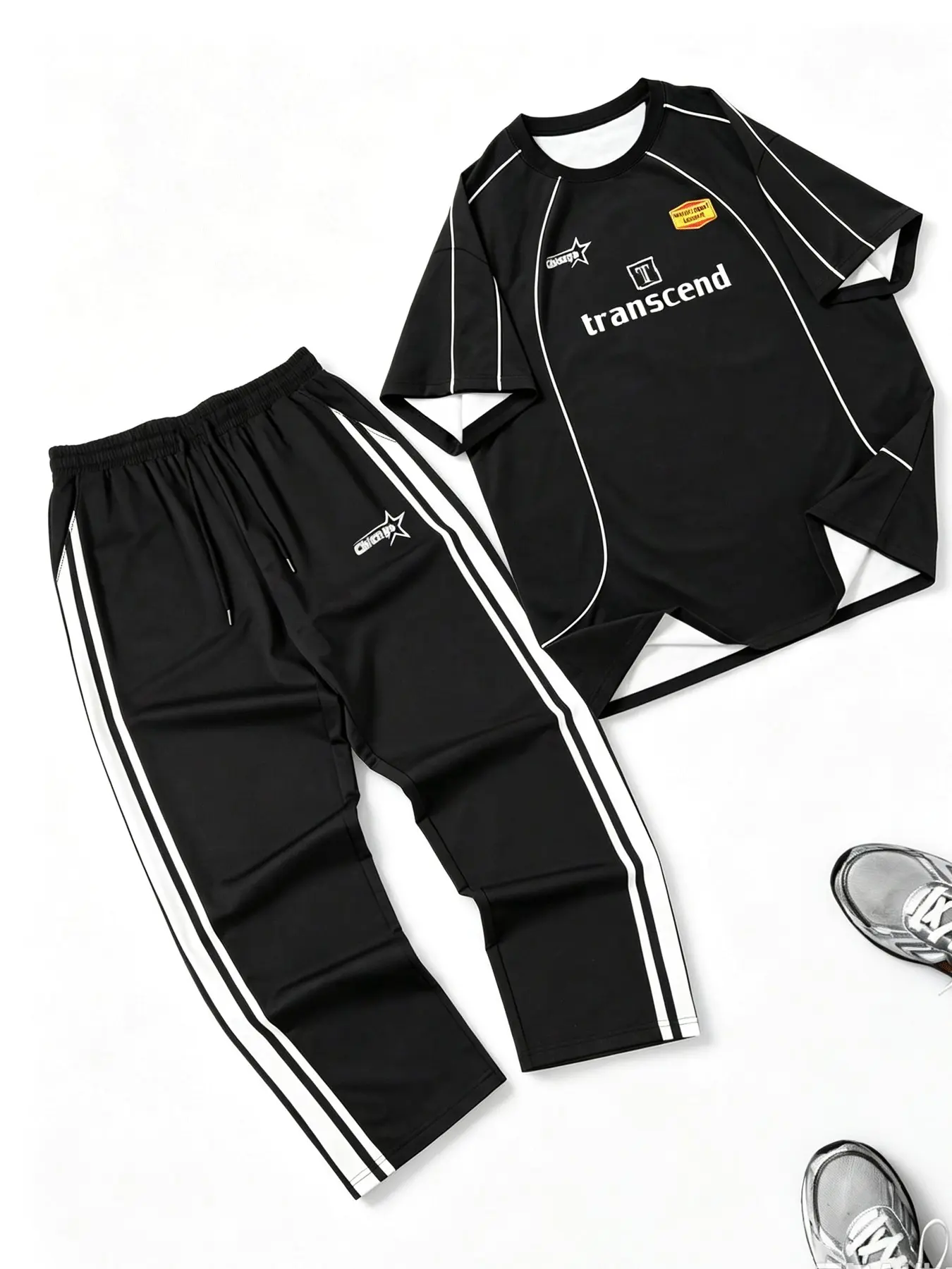 Men 2 Piece Racing Tracksuits Vintage Striped Short Sleeve Jersey Straight Wide Leg Pants Transcend Letter Graphic Casual Sport Outfit Set
