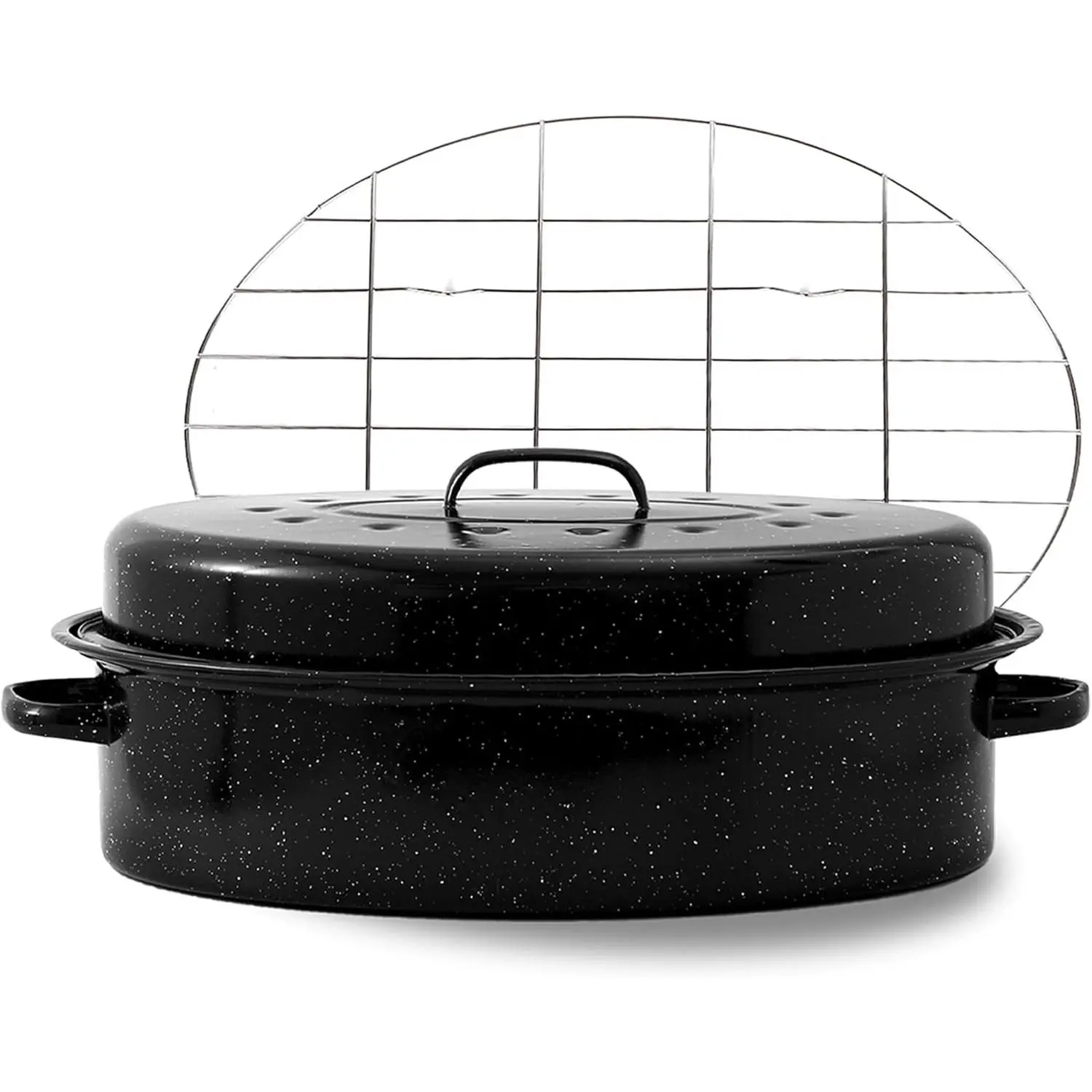 Oval Roasting Pan with Lid and Rack 18" Large Roaster Pan Set,Comes With Stainless Steel Rack Enamel Cookware Dishwasher Compatibility