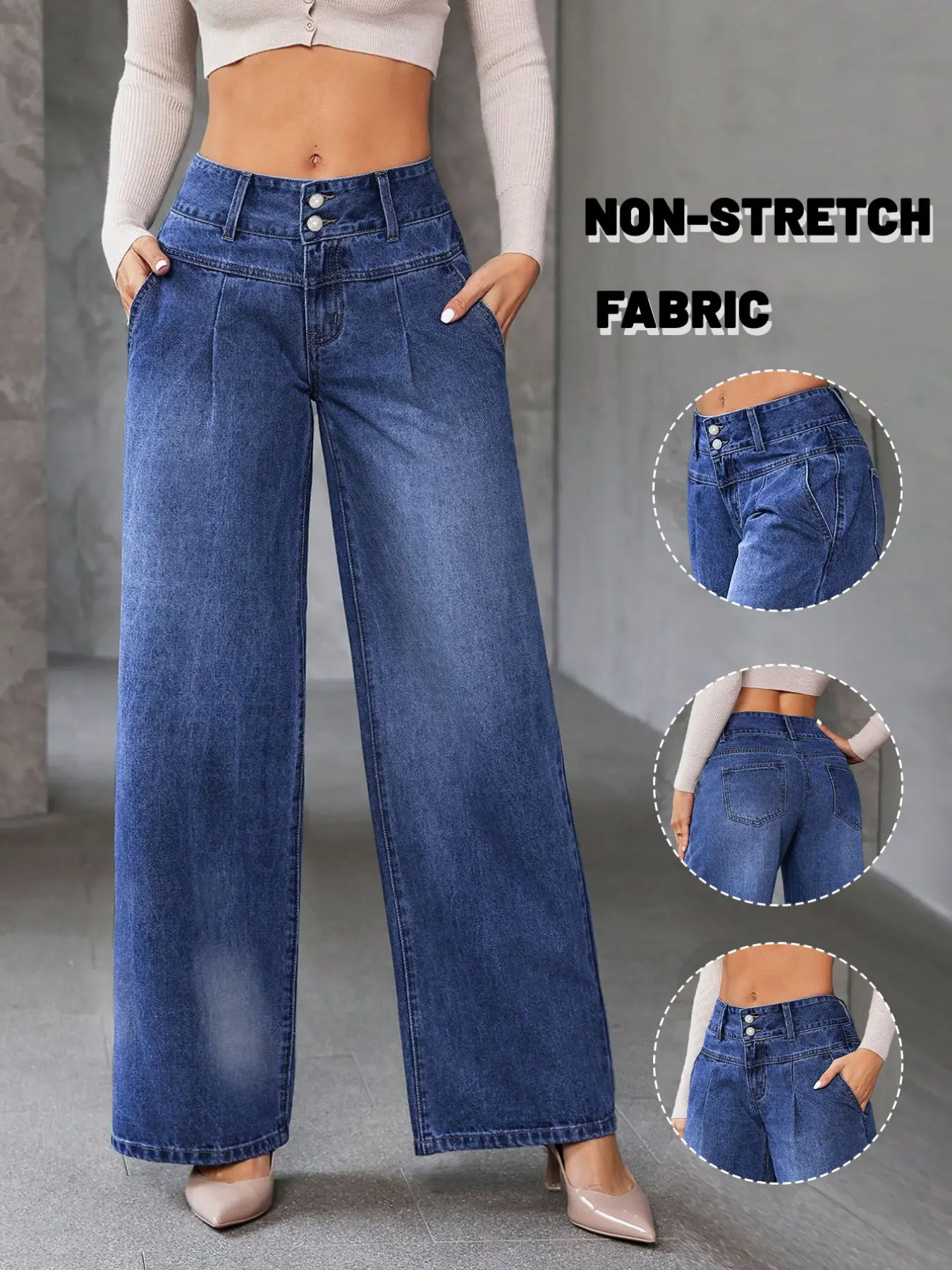 Women Double Button High Waist Pleated Wide Leg Jeans, Dark Wash Loose Floor Length Denim Trousers, Side Pockets, Vintage Y2K Streetwear Pants