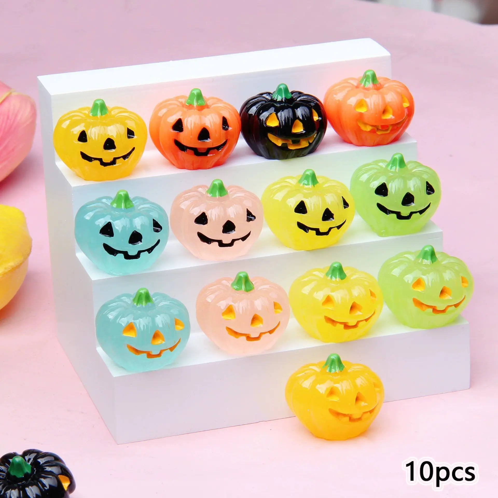 10pcs Halloween Pumpkin Ornaments, Glow-In-The-Dark & Non-Glowing Styles, Spooky Creative Expressive Mini Pumpkins, Perfect for Decorations