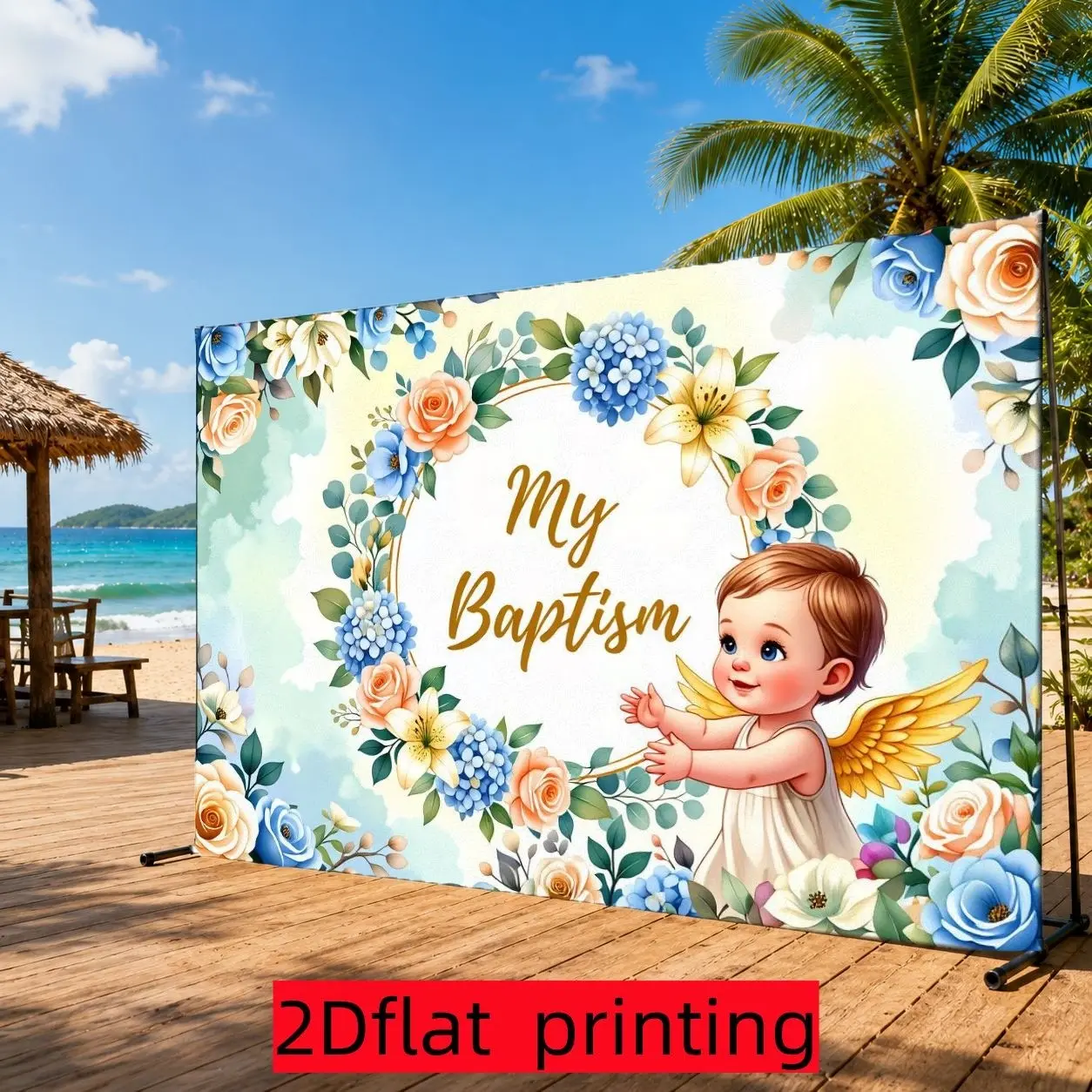 2D Flat Banner for Baby Baptism, Watercolor Blue Hydrangea Rose Angel, Indoor Outdoor Use, Polyester Material, Multiple Sizes
