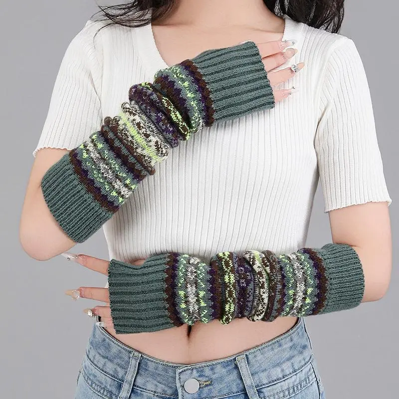 Women's Fingerless Gloves Bohemian Striped Insulating Thick Extended Sleeves Non-Elastic Handwashable Fall Winter Accessories, Hand Washable, Multicolored Stripes, Assorted Colored Women's Gloves, Keep Warm