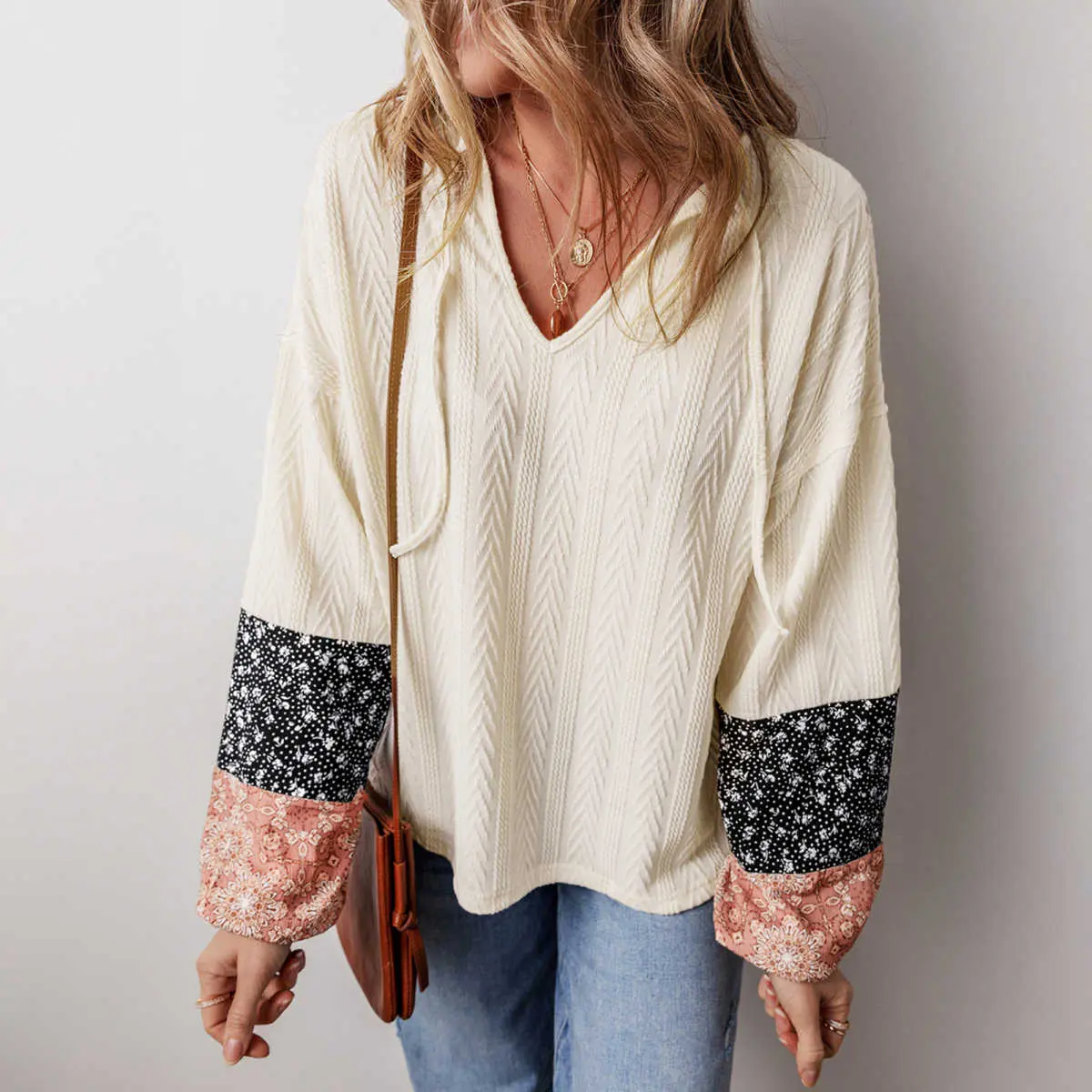 Women's Floral Patchwork Knit Blouse | Beige V-Neck Drawstring Boho Top Beige Floral Patchwork Textured Knit Drawstring V Neck Blouse