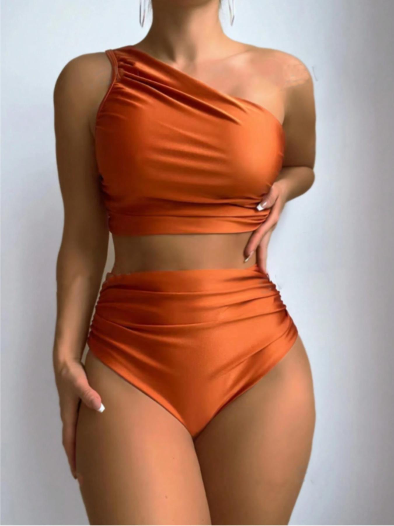 Ladies' pure-colored asymmetric-neck sleeveless pleated slim-fitting split swimsuit, Beachwear Swimsuit Set, Solid Ruched Swim Suits, with shiny fabric, 2026 new, suitable for vacation, gatherings, high-waisted, Beach Fashion Swimsuit, Bikini Beachwear