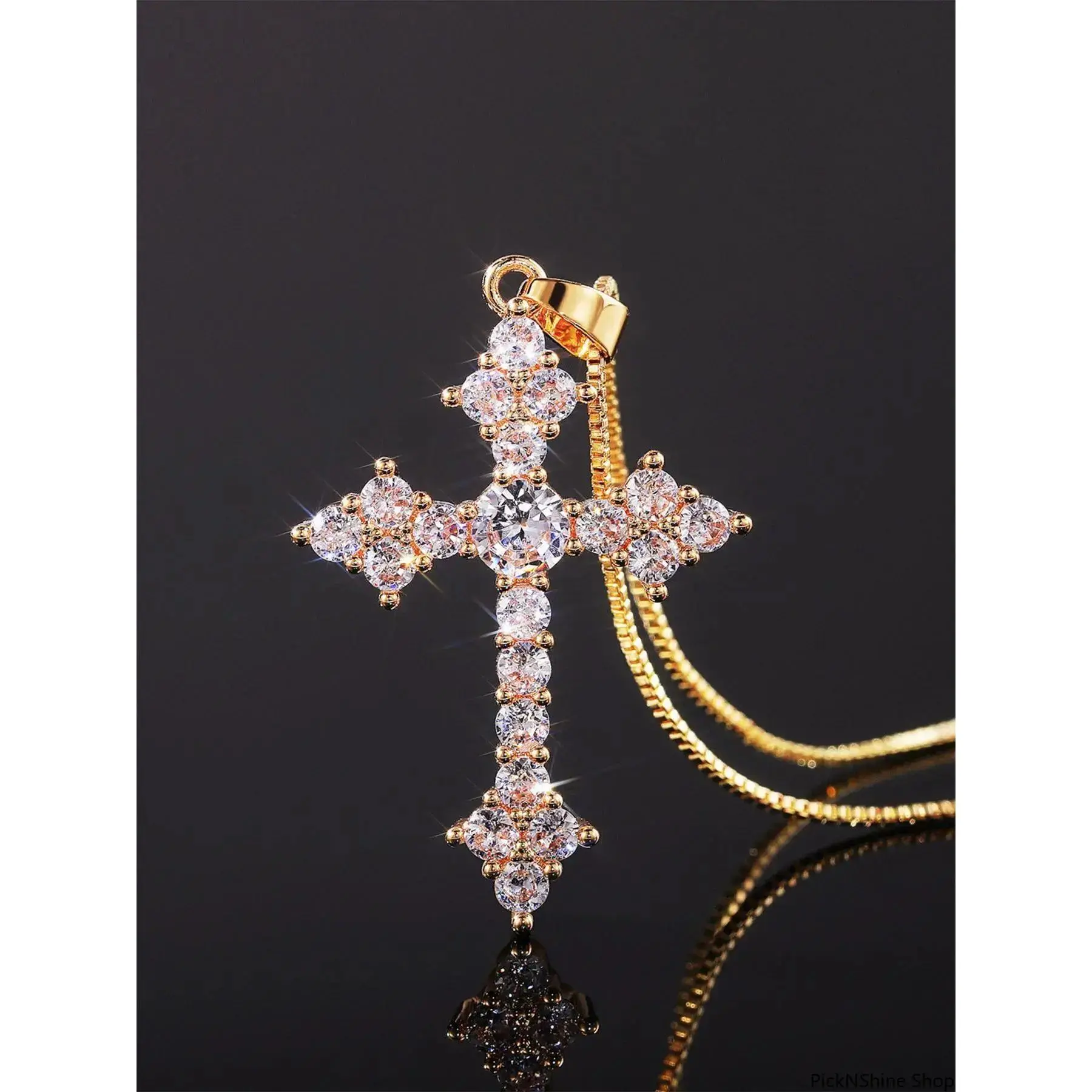 Women's Elegant Rhinestone Necklace, Gold-Tone Iced Out Chain with Bold Design, Classic Statement Jewelry for Gifting, Cross Chain Design, Bold Cross Design