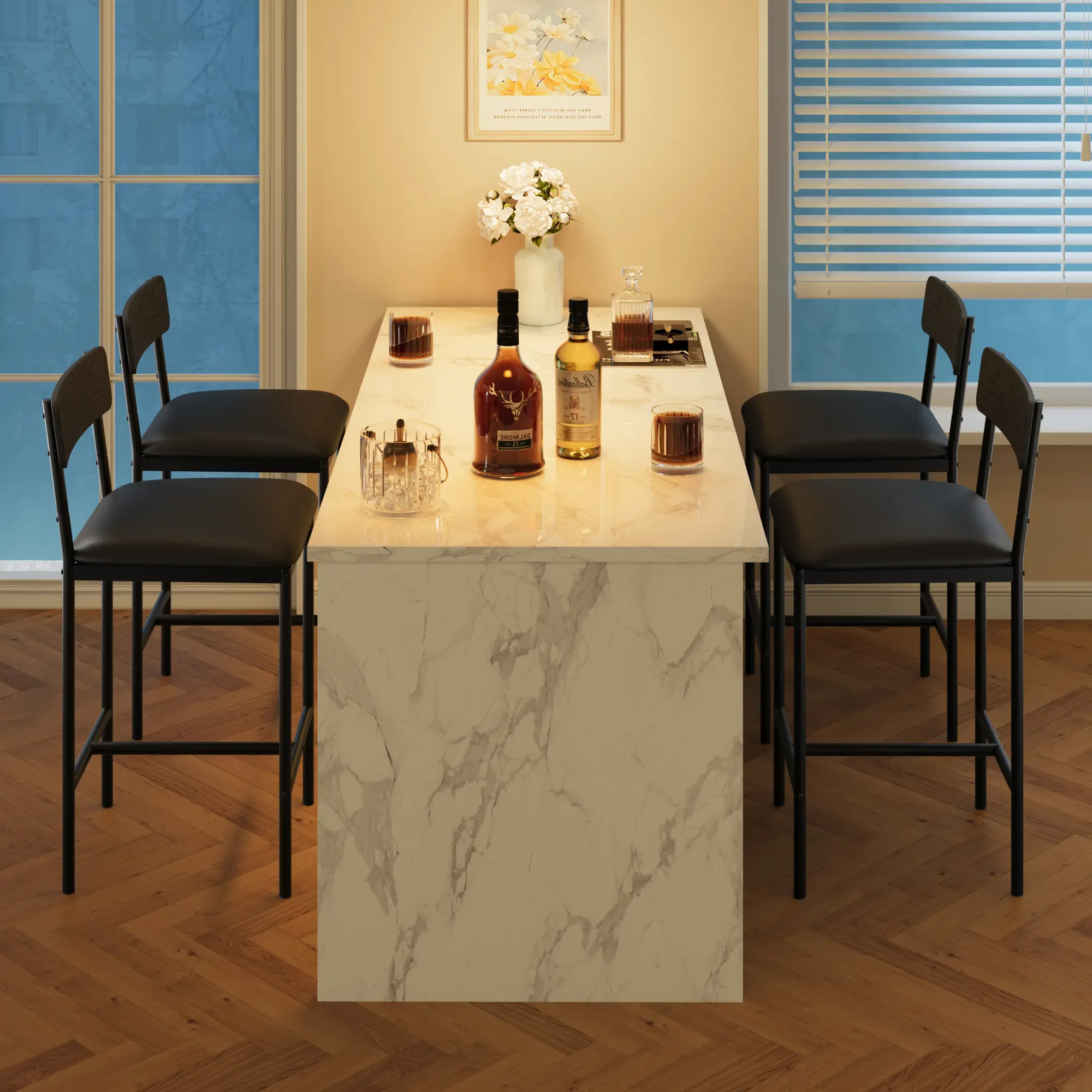 Garvee 3-Piece Bar-Height Dining Table Set - Kitchen Pub Table with 2 Upholstered Stools, 3 Large Storage Shelves, Space-Saving for Small Apartment/Bistro/Breakfast Nook - Grey/Gold/White