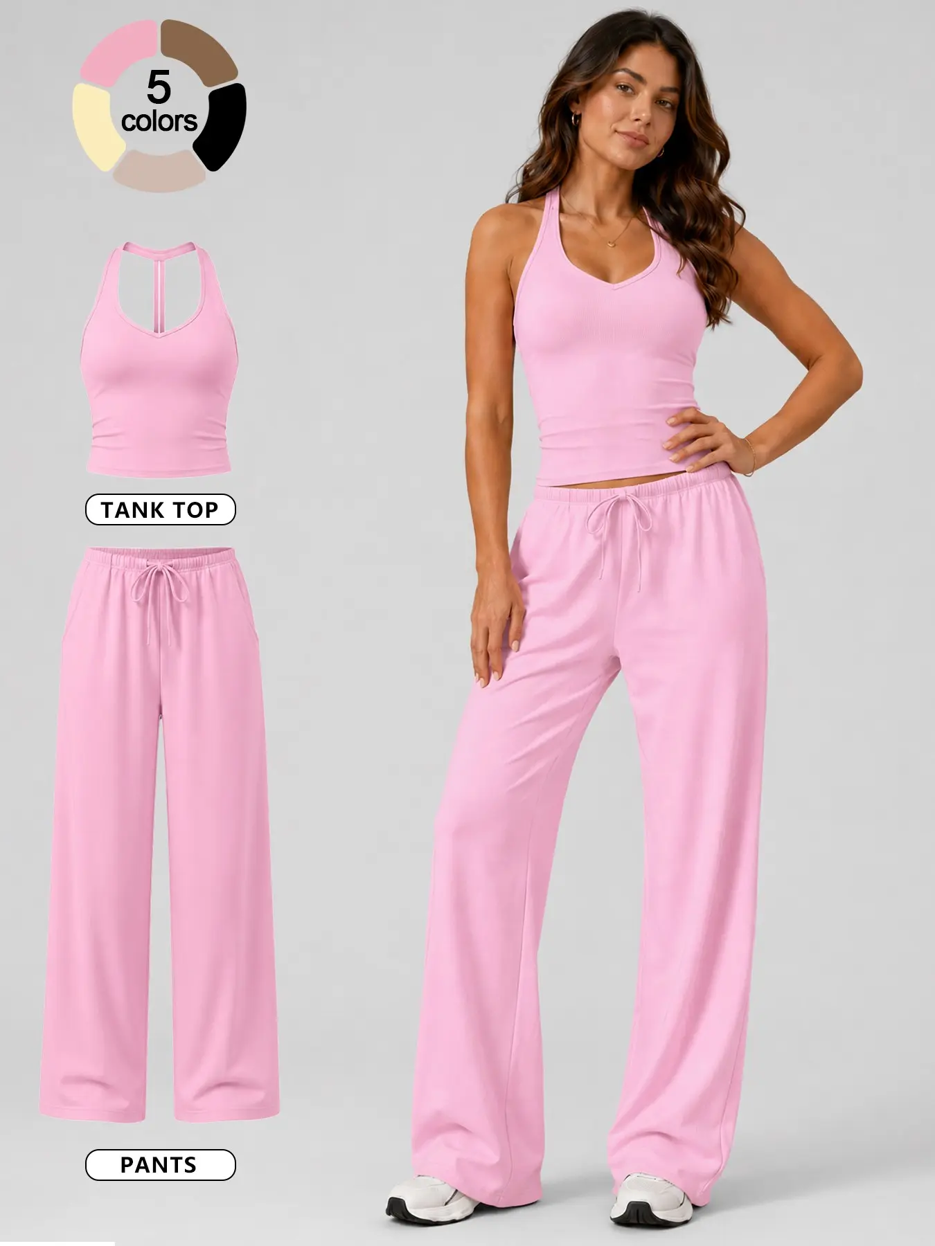 Women's 2-Piece Solid Color Set, Racerback Tank Top and Adjustable Drawstring Pants, Buttery Soft Comfortable Breathable Fabric, Four Way Stretch Loose Fit, Cooling Moisture Wicking Yoga Set for Daily Wear and Travel, Casual Versatile Loungewear Set