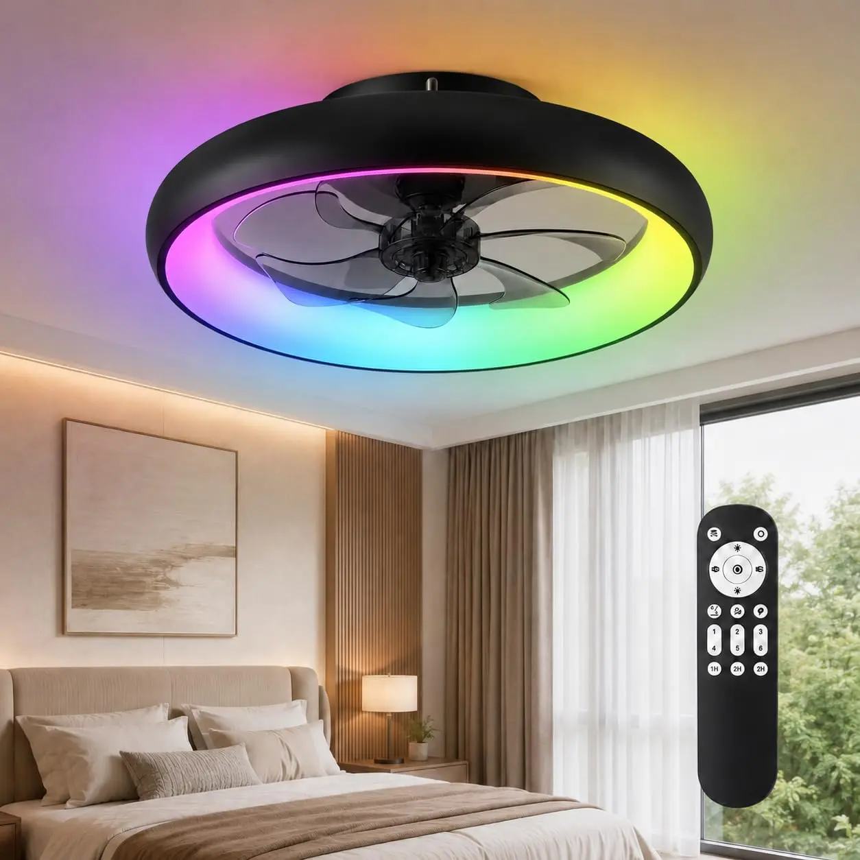 20" Modern Round Ring Ceiling Fan with Lights and Remote, RGB Integrated LED Ceiling Fan Light, Low Profile Black Flush Mount Ceiling Fan with Acrylic Shade, Modern