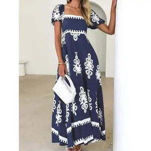 Women's Pocket Square Neck Dress, Bohemian Fashion Casual Short Sleeve Long Dress for Daily Holiday Vacation Wear, Ladies Dress for Summer, Classy Modest Dresses, Womenswear, Boho Chic Dress, Bohemian Print Dresses, Casual Trendy Boho
