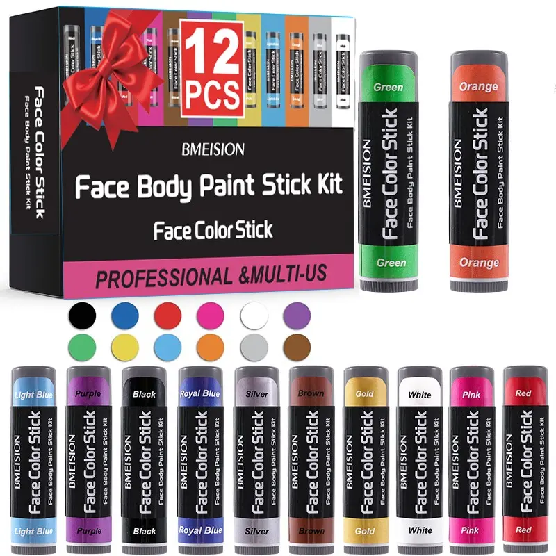 12-Pack 12-Color Eye Sports Paint Sticks, Bmeision Waterproof Face Body Paint Set, Anti-Glare, Ideal for Football Baseball Softball, Halloween Christmas Parties