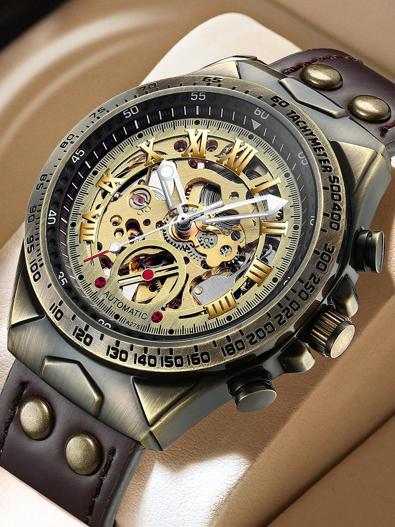 Men's Vintage Automatic Mechanical Watch, Fashionable Stylish Watch, Fashion Luminous Hands Watch for Party, Daily Clothing Decor, Watch for Birthday Gift with Box, Mechanical Style Watches detail 5