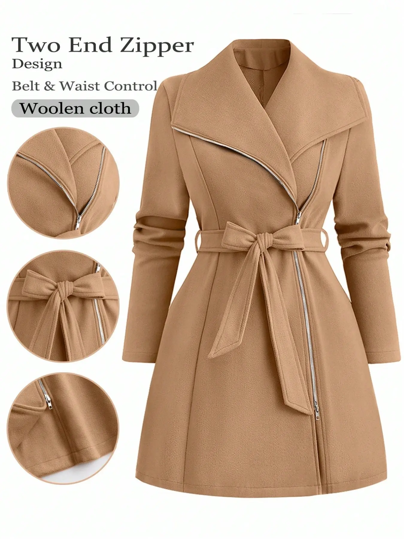 Plus Size Women’s Elegant Belted Coat, Long Sleeve Zip Front Lapel Outerwear, Chic Casual Fall Winter Long Jacket for Work, Going Out and Everyday Style